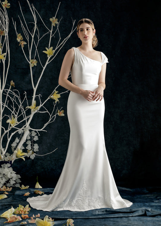 Asymmetrical One-Shoulder Luxe Satin Mermaid Wedding Dress | Lotus Threads Bridal