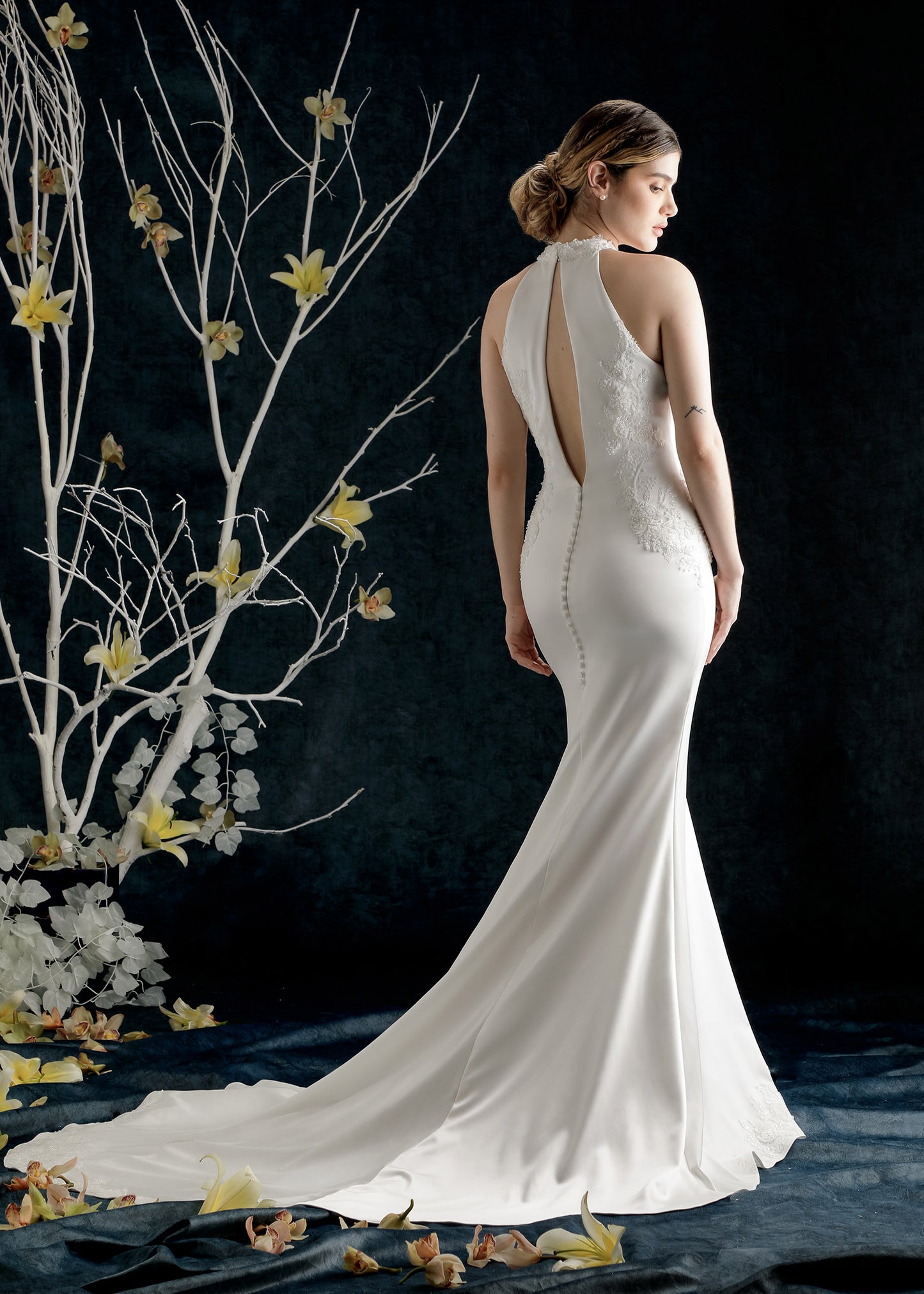 Luxe Satin Mermaid Halter Wedding Dress with Beaded and Lace Appliqued | Lotus Threads Bridal