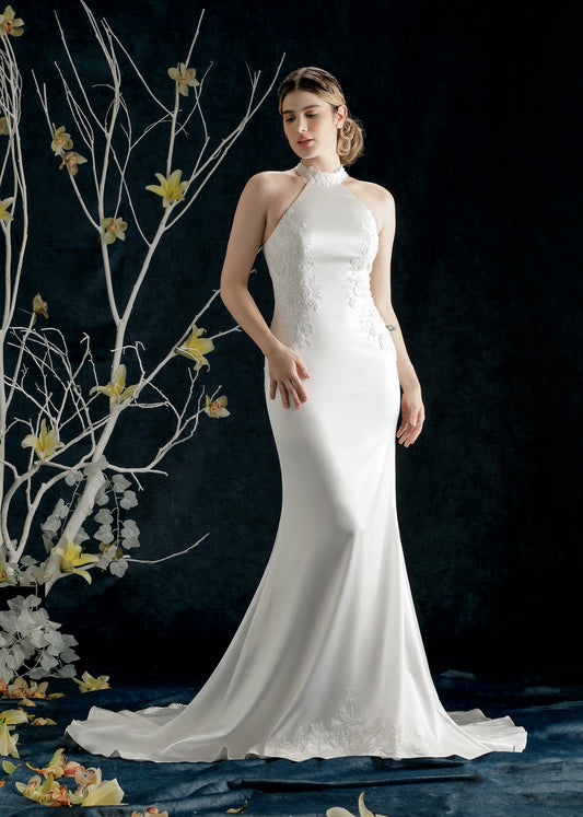 Luxe Satin Mermaid Halter Wedding Dress with Beaded and Lace Appliqued | Lotus Threads Bridal