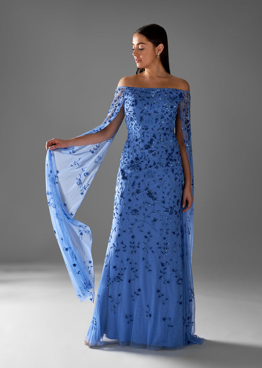 Beaded Sheath Gown with Off-Shoulder Neckline & Veil Sleeves | Evening Gown | Lotus Threads