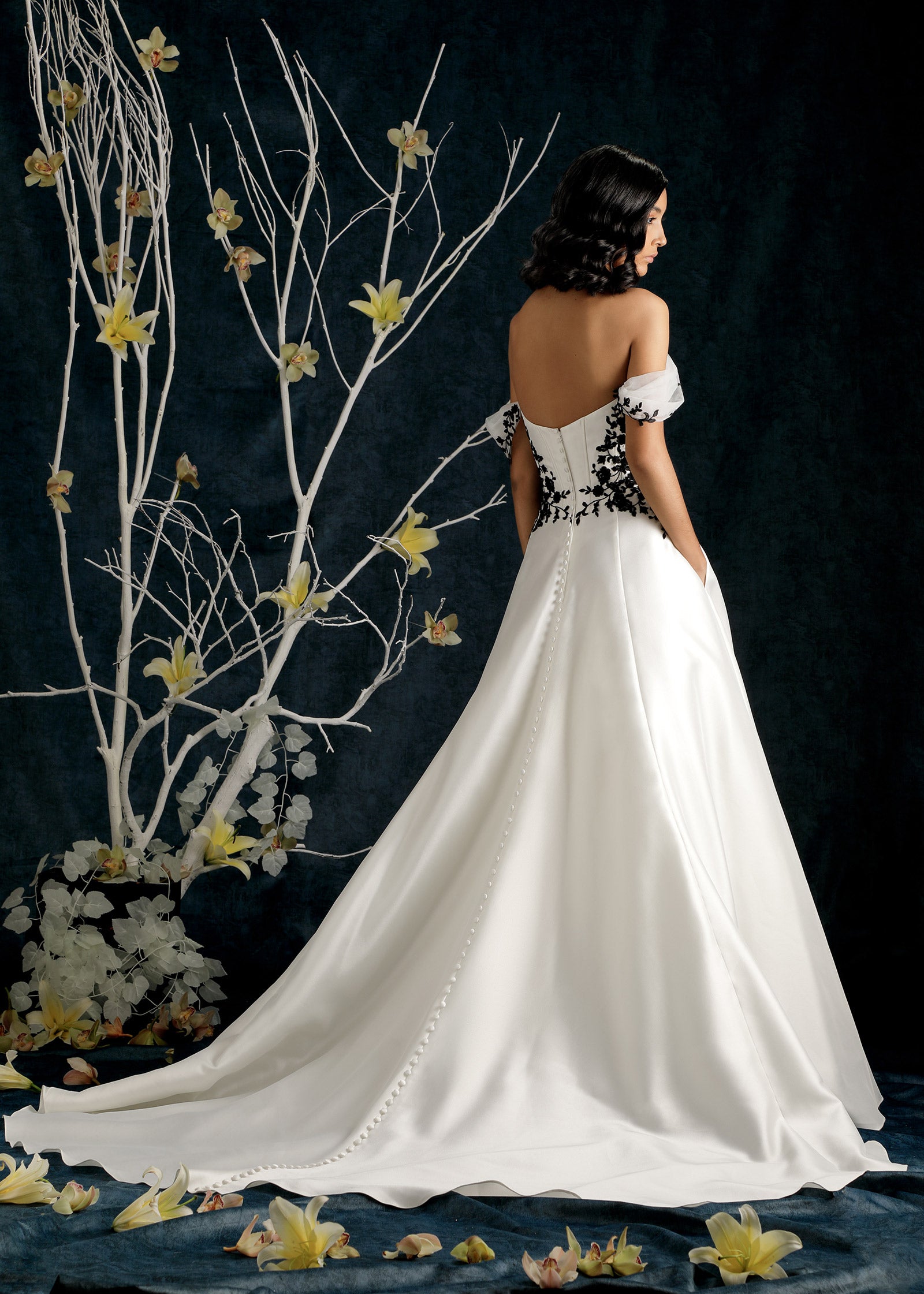 Mikado Ball Gown with Drop Waist Corset and Black Lace- Back