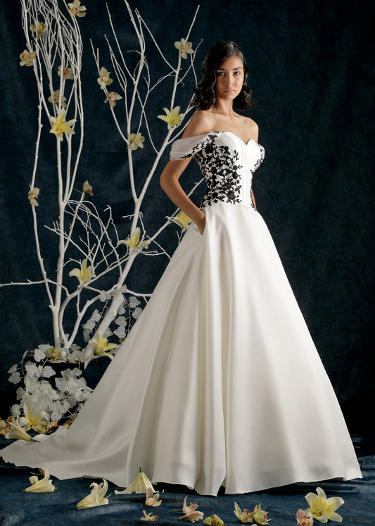 Mikado Ball Gown with Drop Waist Corset and Black Lace | Lotus Threads Bridal