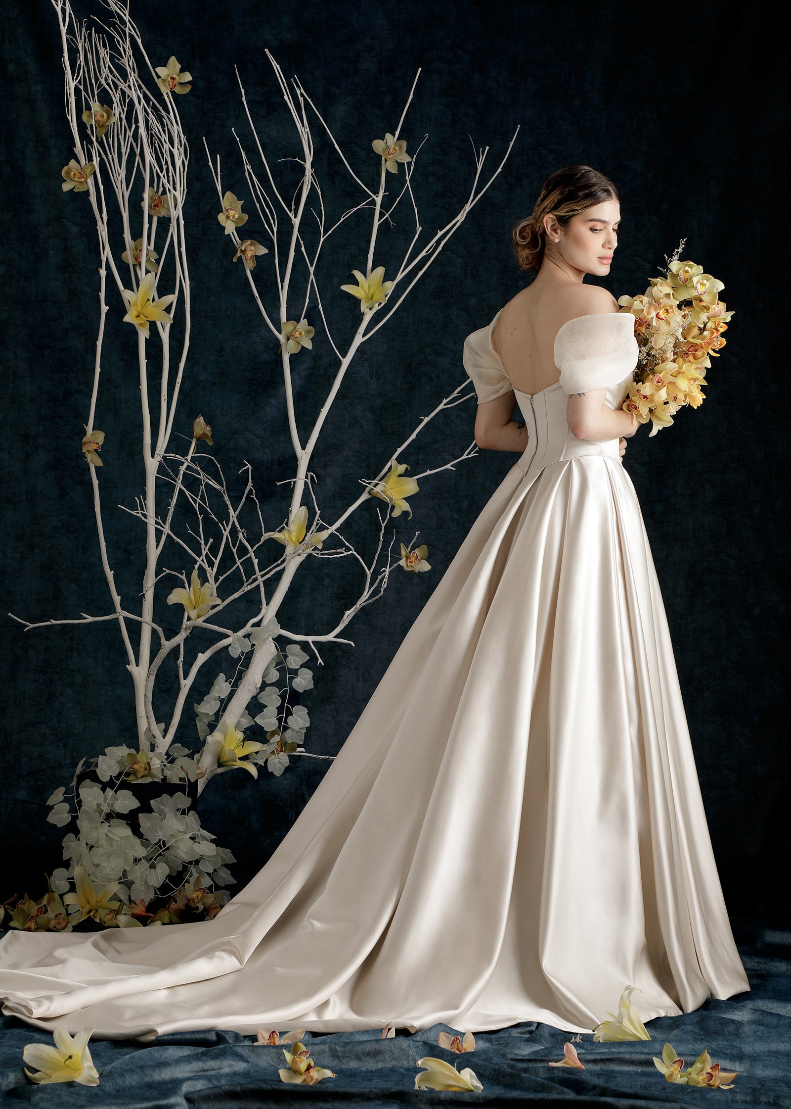 Sweetheart Satin Ball Gown with Drop Waist and Royal Train - Back | Lotus Threads Bridal