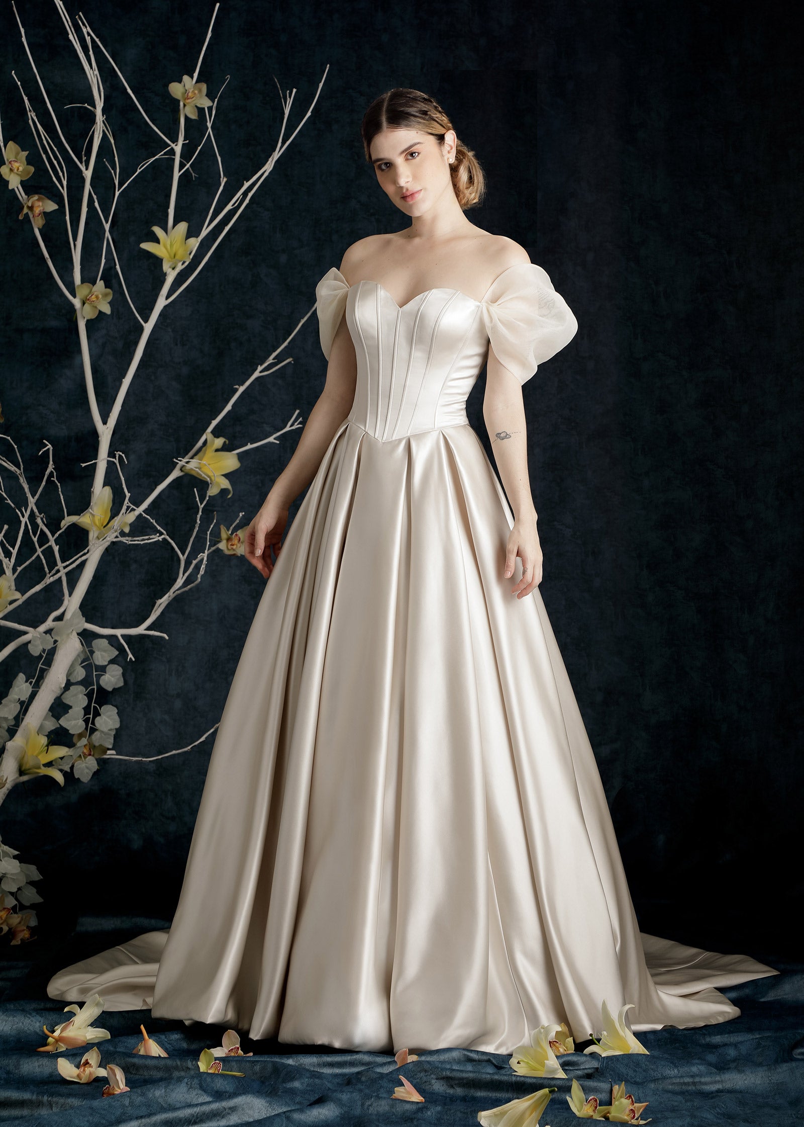 Sweetheart Satin Wedding Dress Ball Gown with Drop Waist and Royal Train | Lotus Threads Bridal