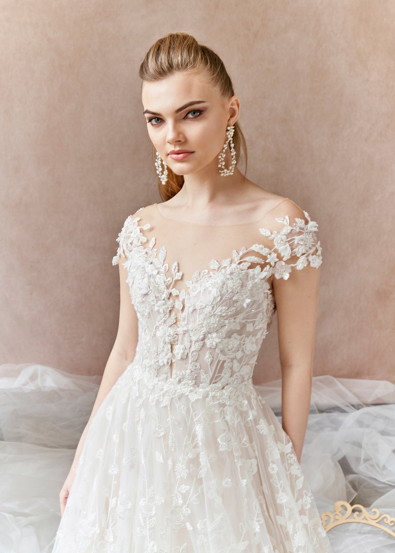 Floral Embroidered Lace A-line Wedding Dress with 3D Florals - Details | Lotus Threads Bridal