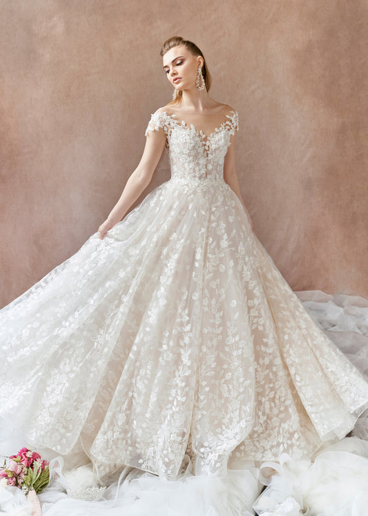 Floral Embroidered Lace A-line Wedding Dress with 3D Florals | Lotus Threads Bridal