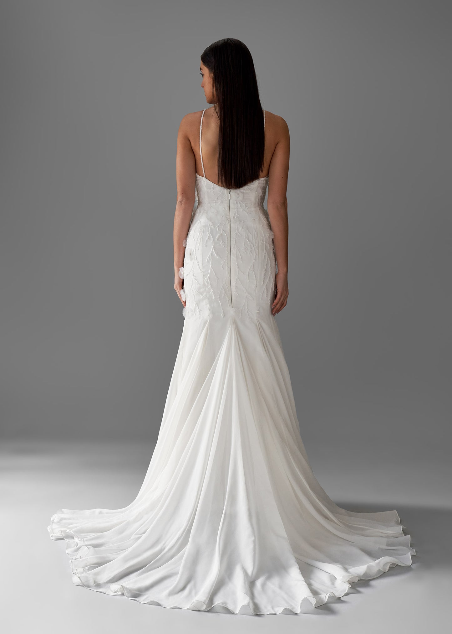 Silky Chiffon Fit and Flare Gown with Hand-Placed 3D Florals - Back | Lotus Threads Bridal