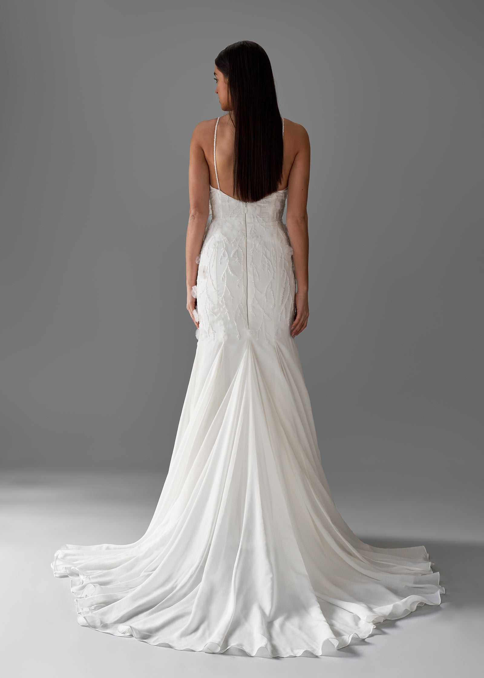 Silky Chiffon Fit and Flare Gown with Hand-Placed 3D Florals - Back | Lotus Threads Bridal