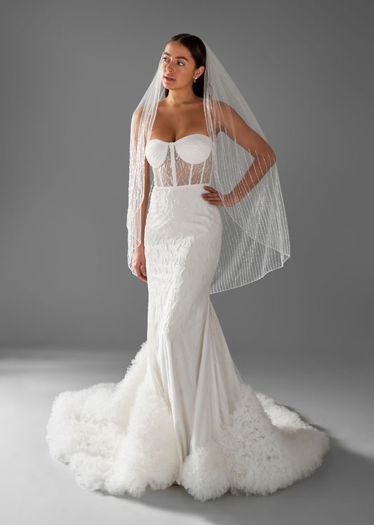 Hand-Pleated Sweetheart Sheath Wedding Gown with Ruffle Long Train | Lotus Threads Bridal