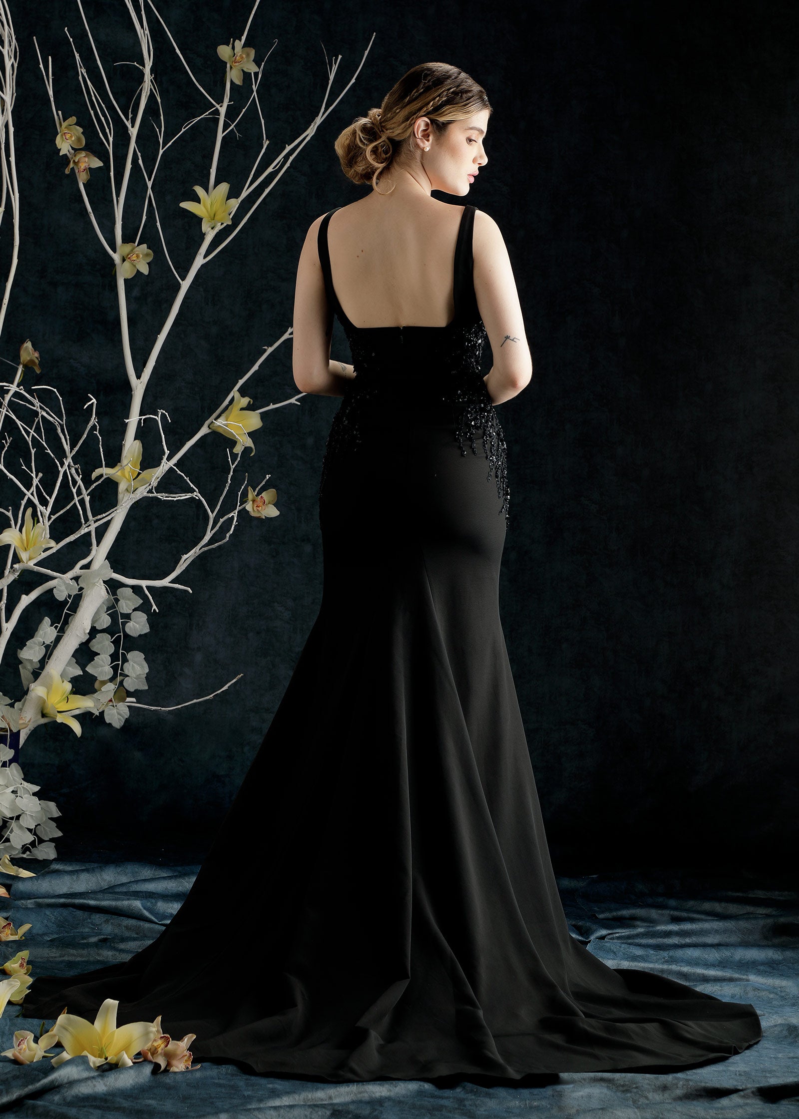 Elegant Mermaid Crepe Gown with Square Neckline | Black Evening Gown | Lotus Threads