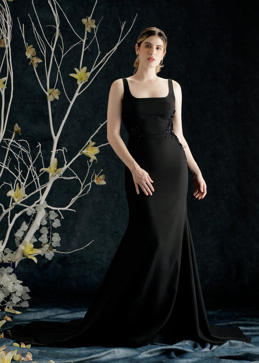 Elegant Mermaid Crepe Gown with Square Neckline | Black Evening Gown | Lotus Threads