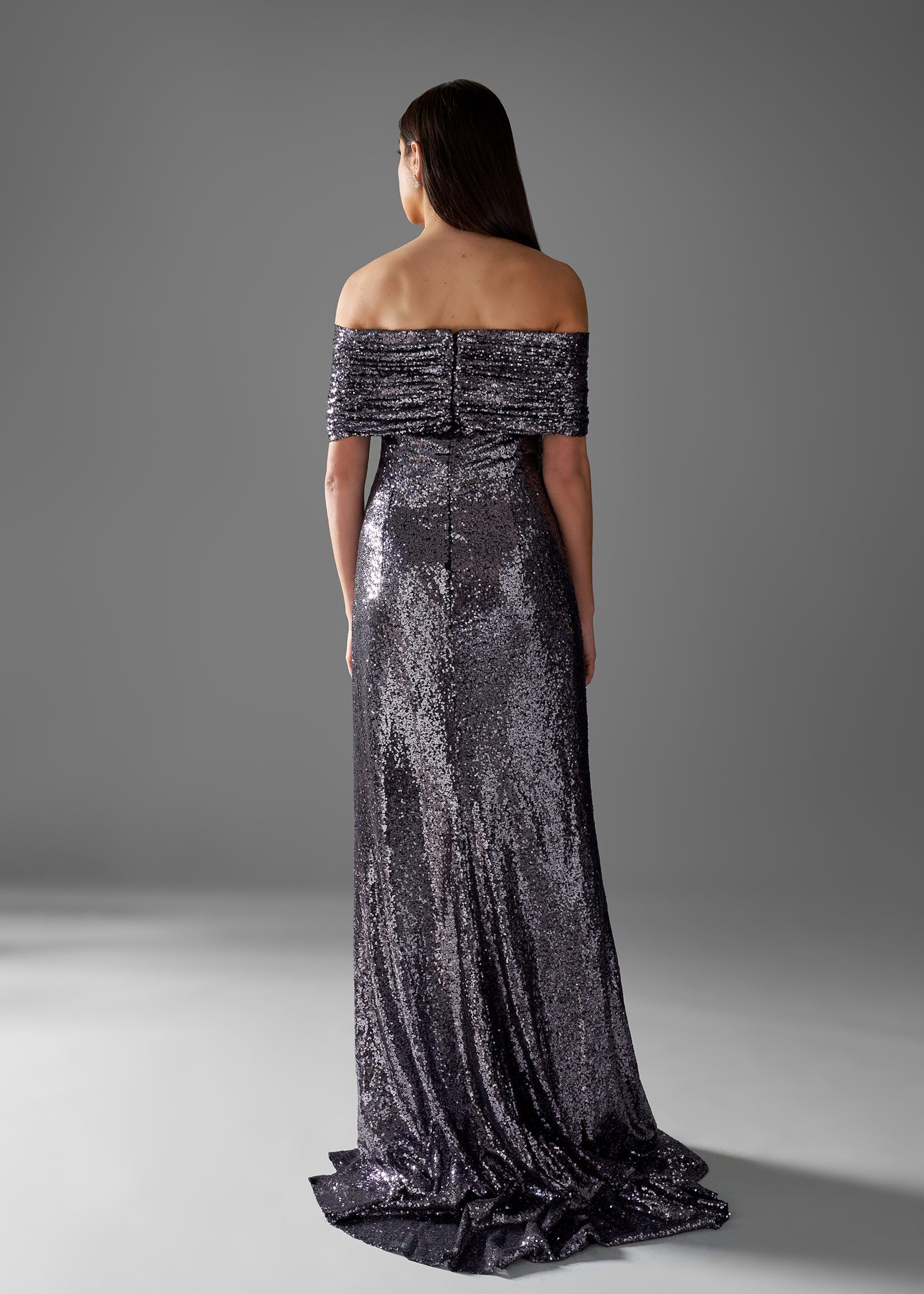 Sequin Gown with Slit and Off-the-Shoulder Neckline