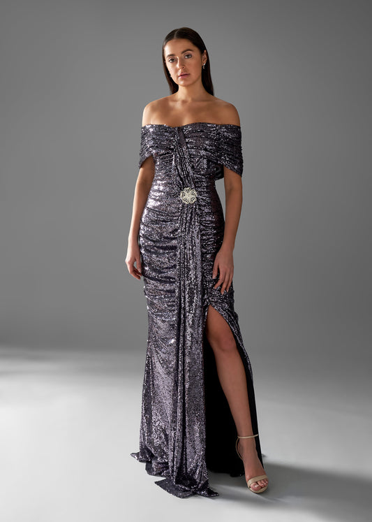 Sequin Gown with Slit and Off-the-Shoulder Neckline | Evening Gown | Lotus Threads