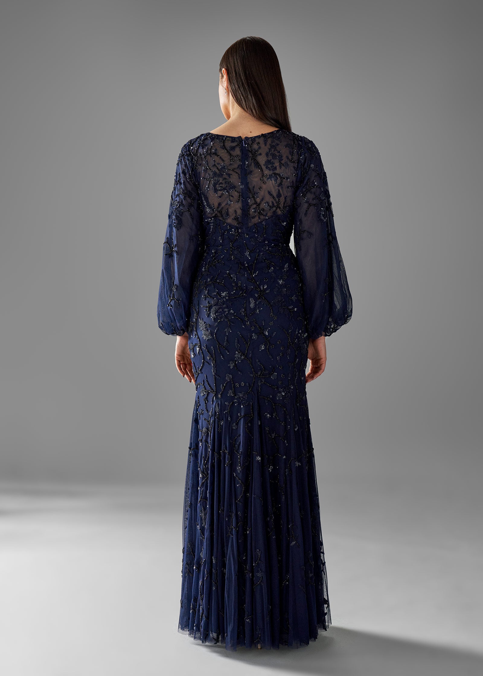 Beaded Fit and Flare Gown with Lantern Sleeves | Navy Evening Gown | Lotus Threads