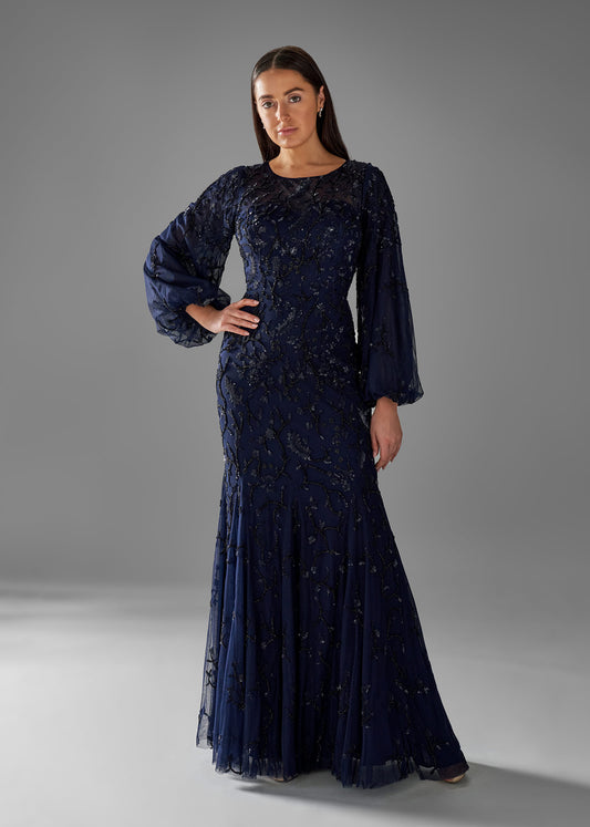 Beaded Fit and Flare Gown with Lantern Sleeves | Navy Evening Gown | Lotus Threads