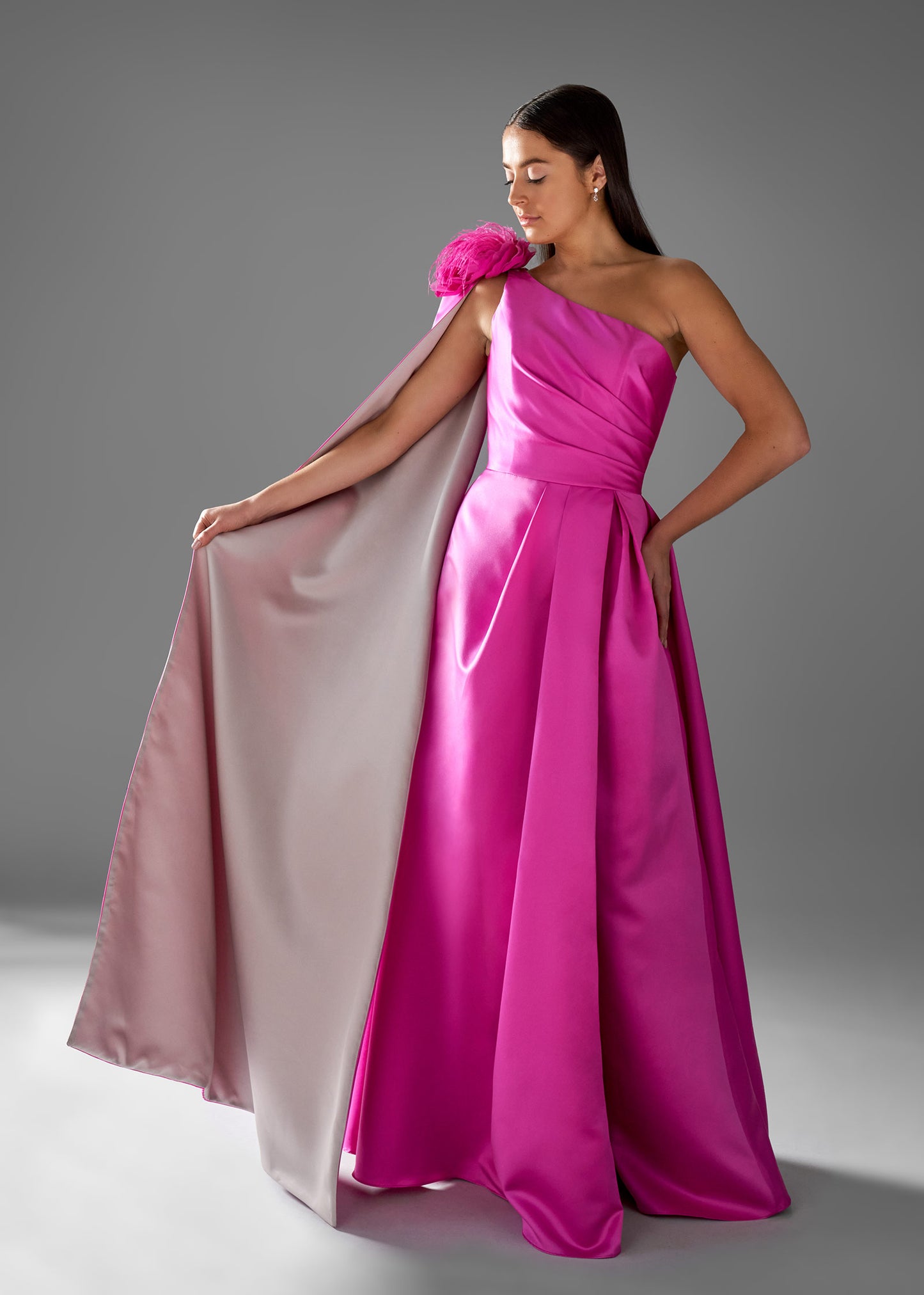 One-shoulder Gown with Removable Shoulder Cape and Flower