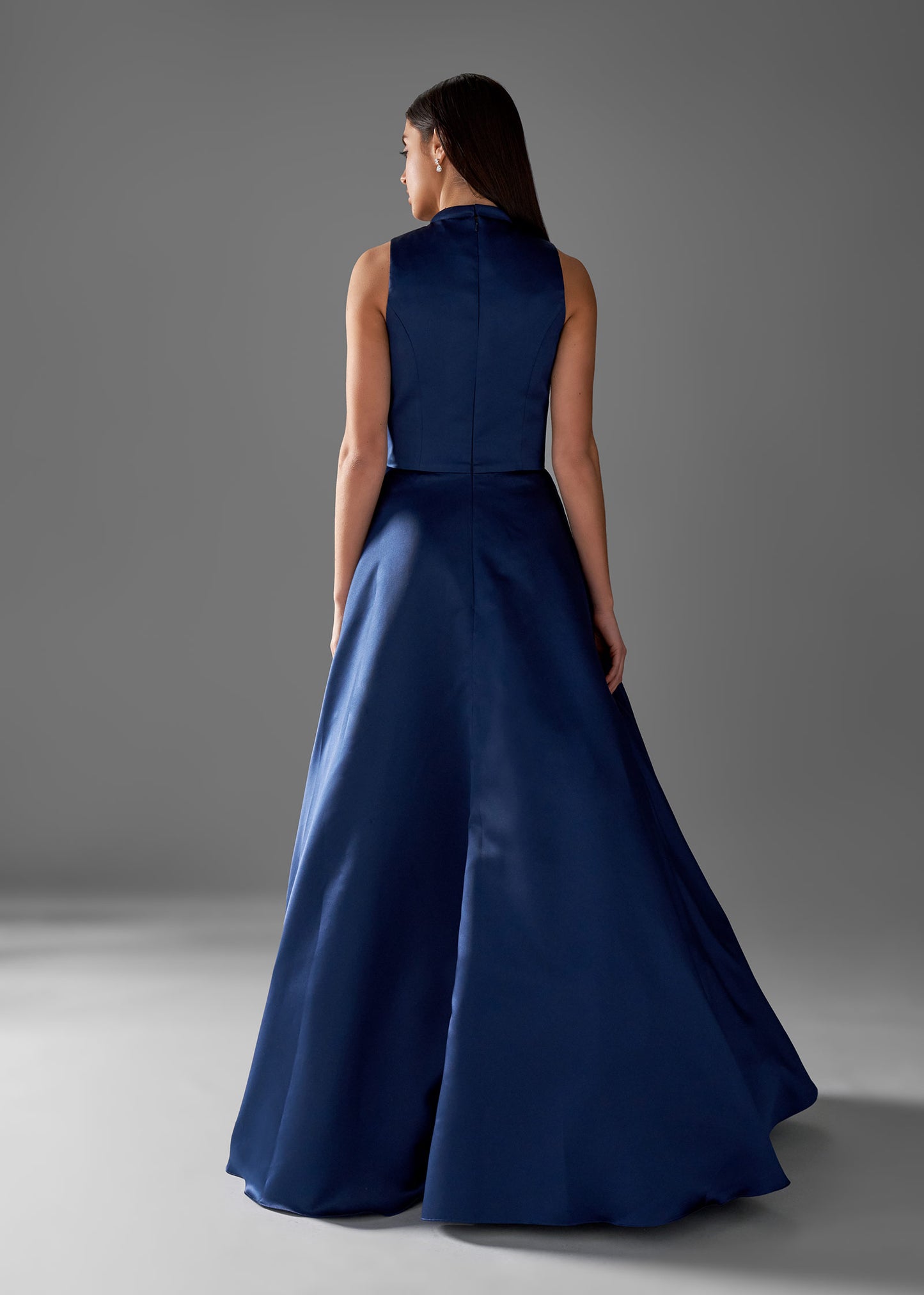 Satin Dress with High Neck, Fitted Bodice & Flared Skirt