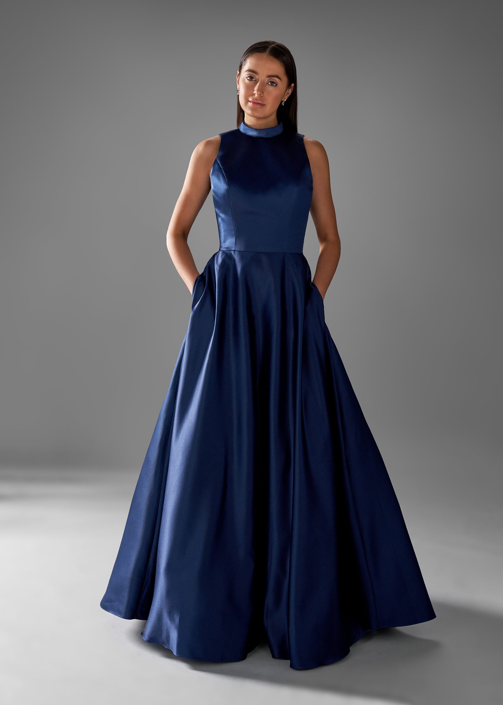 Satin Dress with High Neck, Fitted Bodice & Flared Skirt | Formal Dress | Lotus Threads