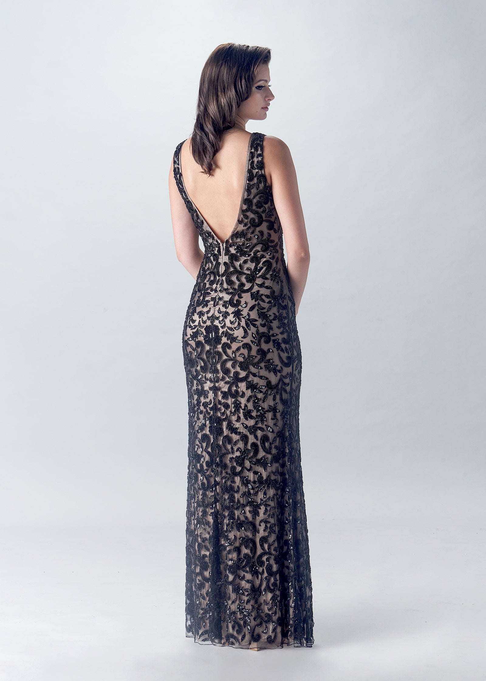 Filigree Beaded Trumpet Gown with V-Neckline | Black Evening Gown | Lotus Threads