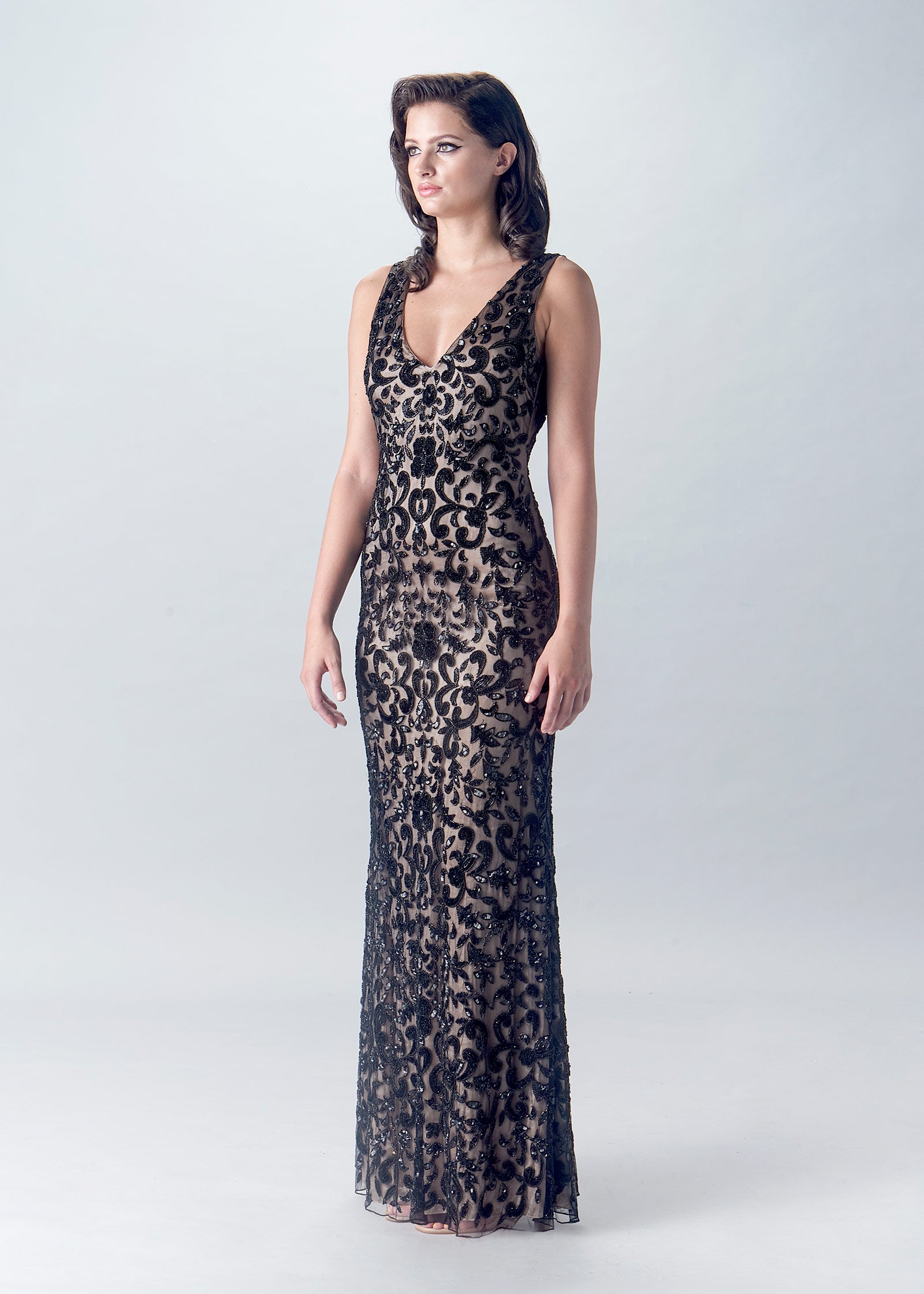 Filigree Beaded Trumpet Gown with V-Neckline | Black Evening Gown | Lotus Threads