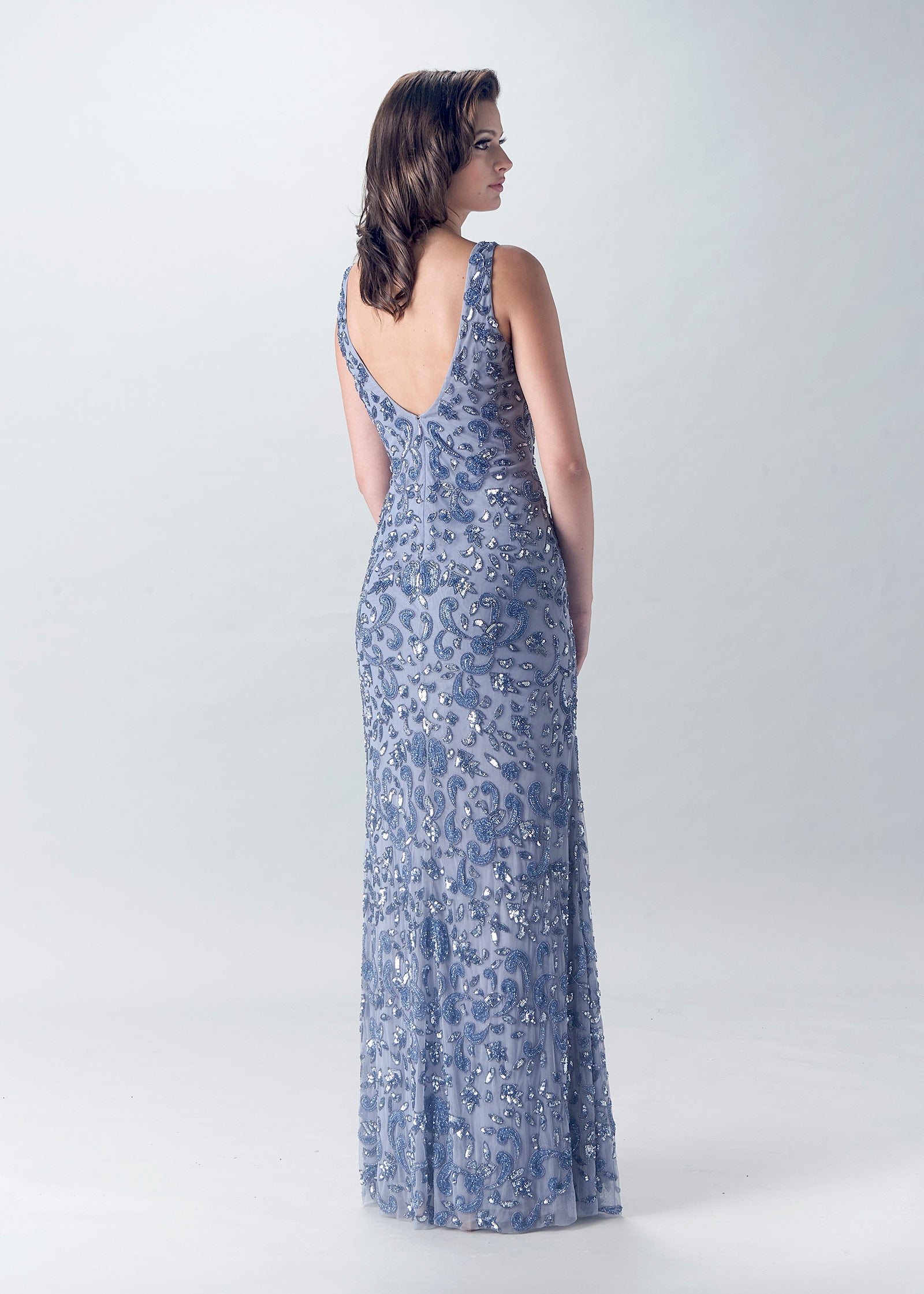 Filigree Beaded Trumpet Gown with V-Neckline | Evening Gown | Lotus Threads