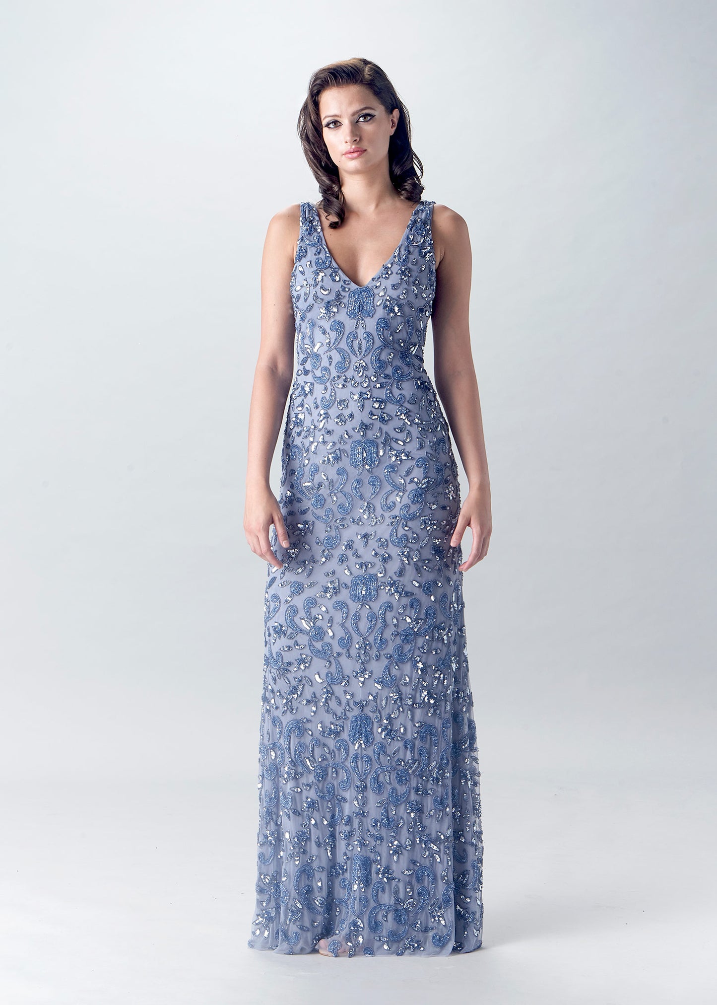 Filigree Beaded Trumpet Gown with V-Neckline | Evening Gown | Lotus Threads