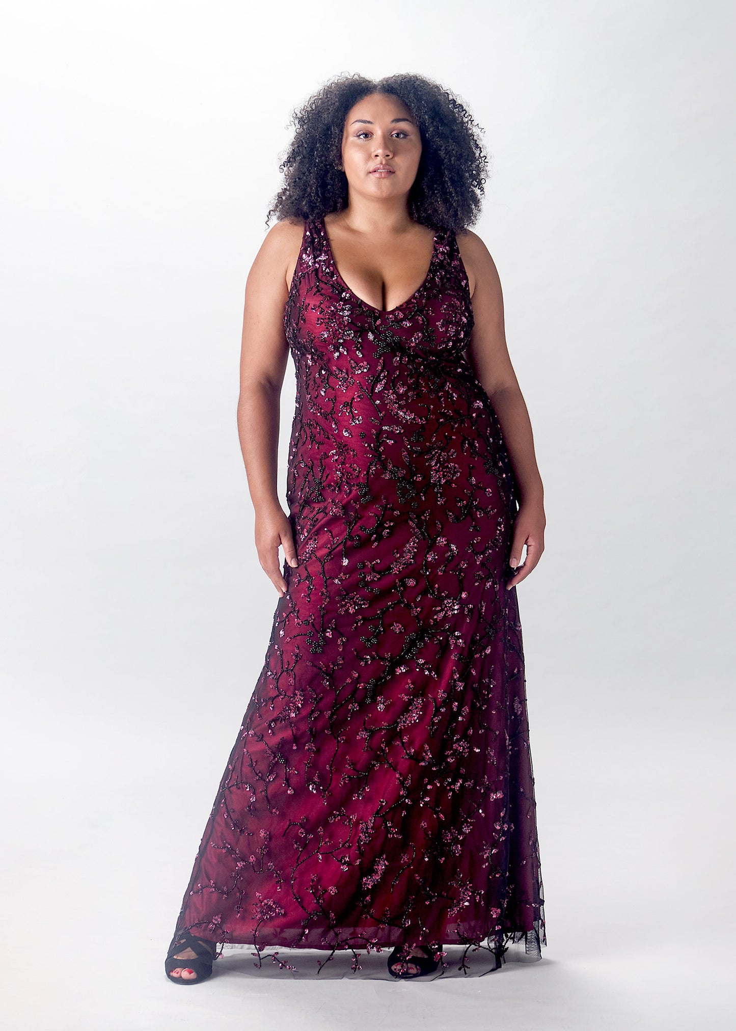 V-neck Sheath Gown with La Vie Embroidery | Burgundy Evening Gown | Lotus Thraeds