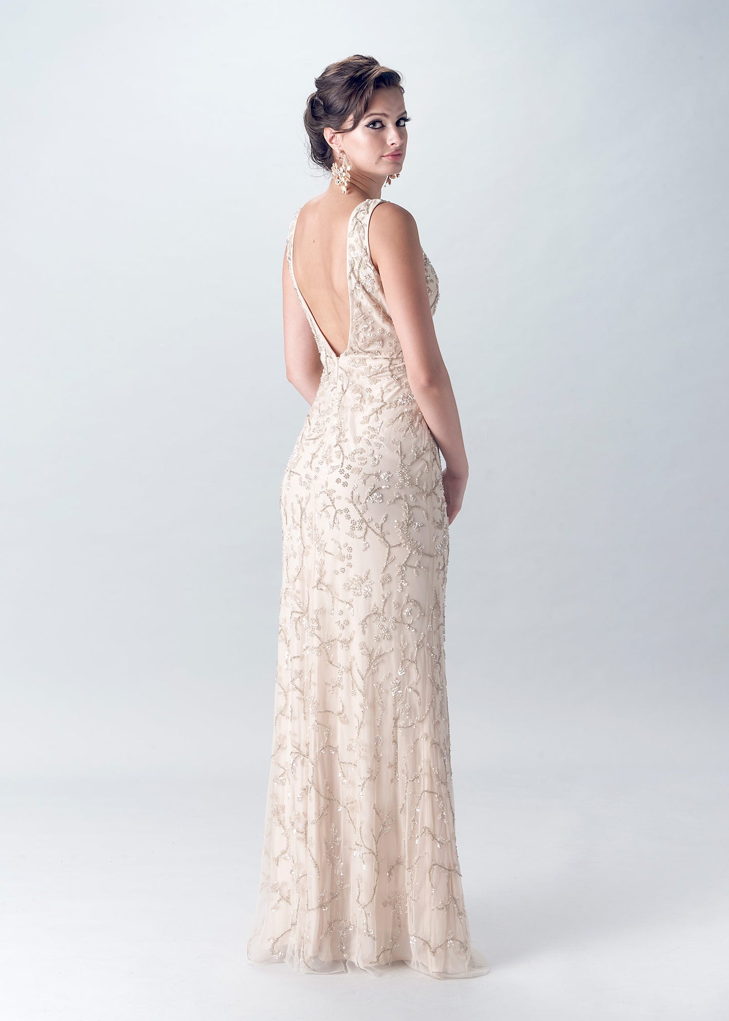 V-neck Sheath Gown with La Vie Embroidery | Champagne Evening Gown | Lotus Thraeds