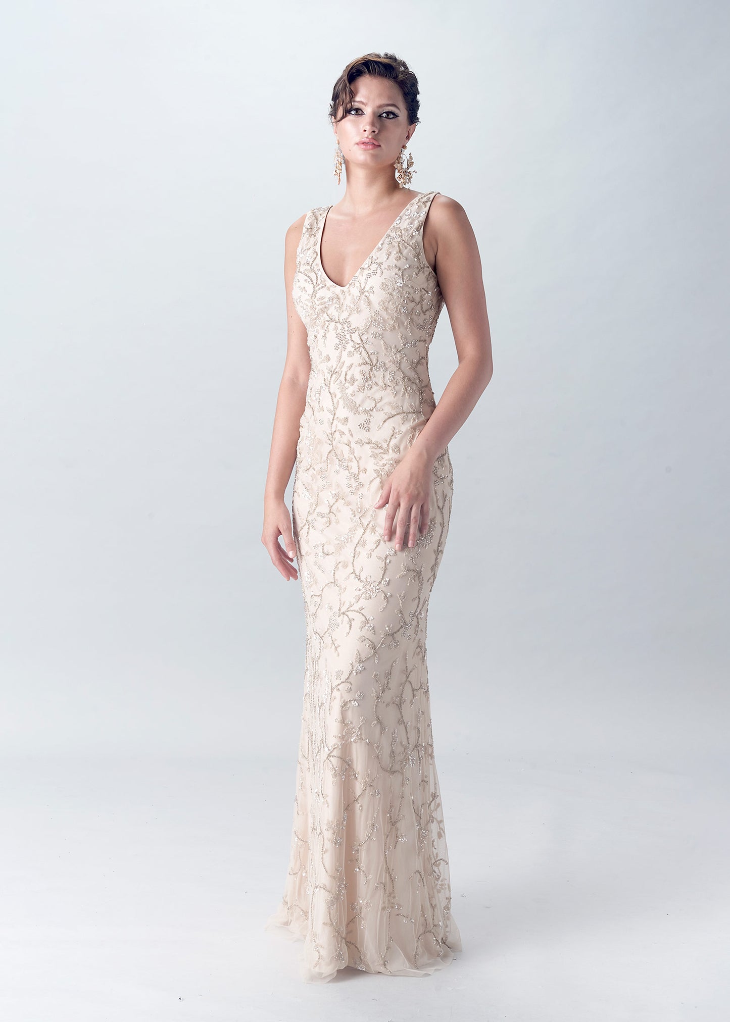 V-neck Sheath Gown with La Vie Embroidery | Champagne Evening Gown | Lotus Thraeds