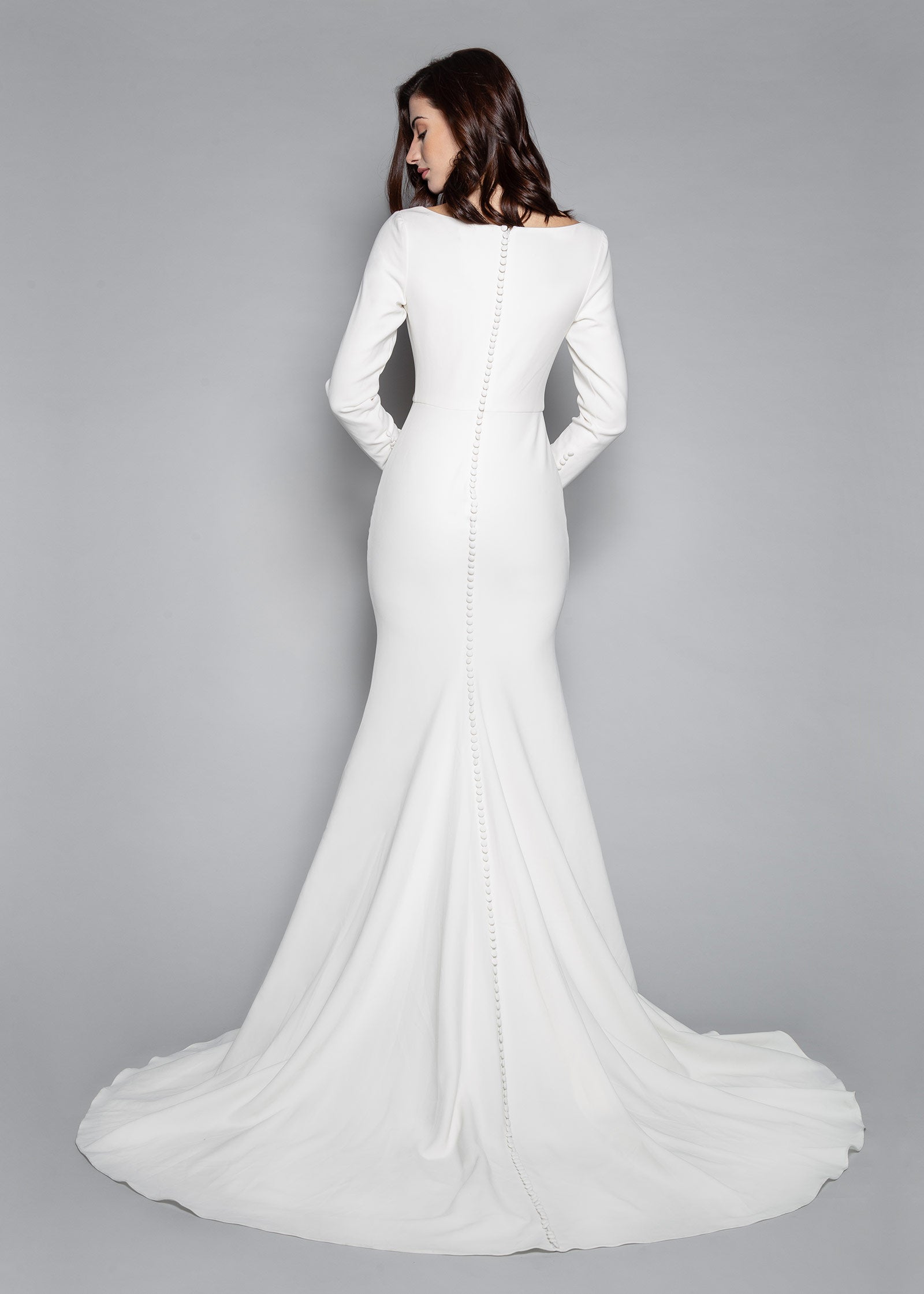 Elegant Long Sleeve Crepe Wedding Dress with Bateau Neckline - back