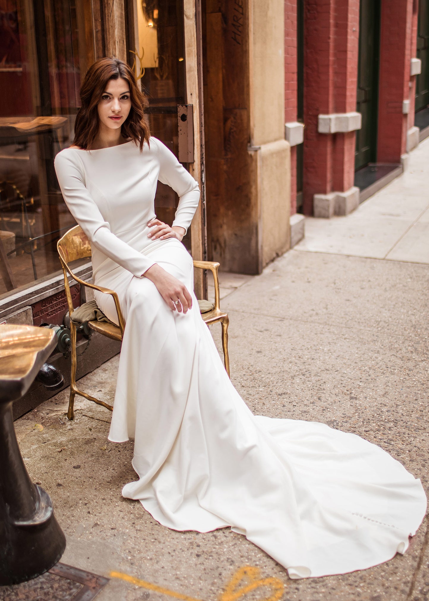 Elegant Long Sleeve Crepe Wedding Dress with Bateau Neckline | Lotus Threads Bridal