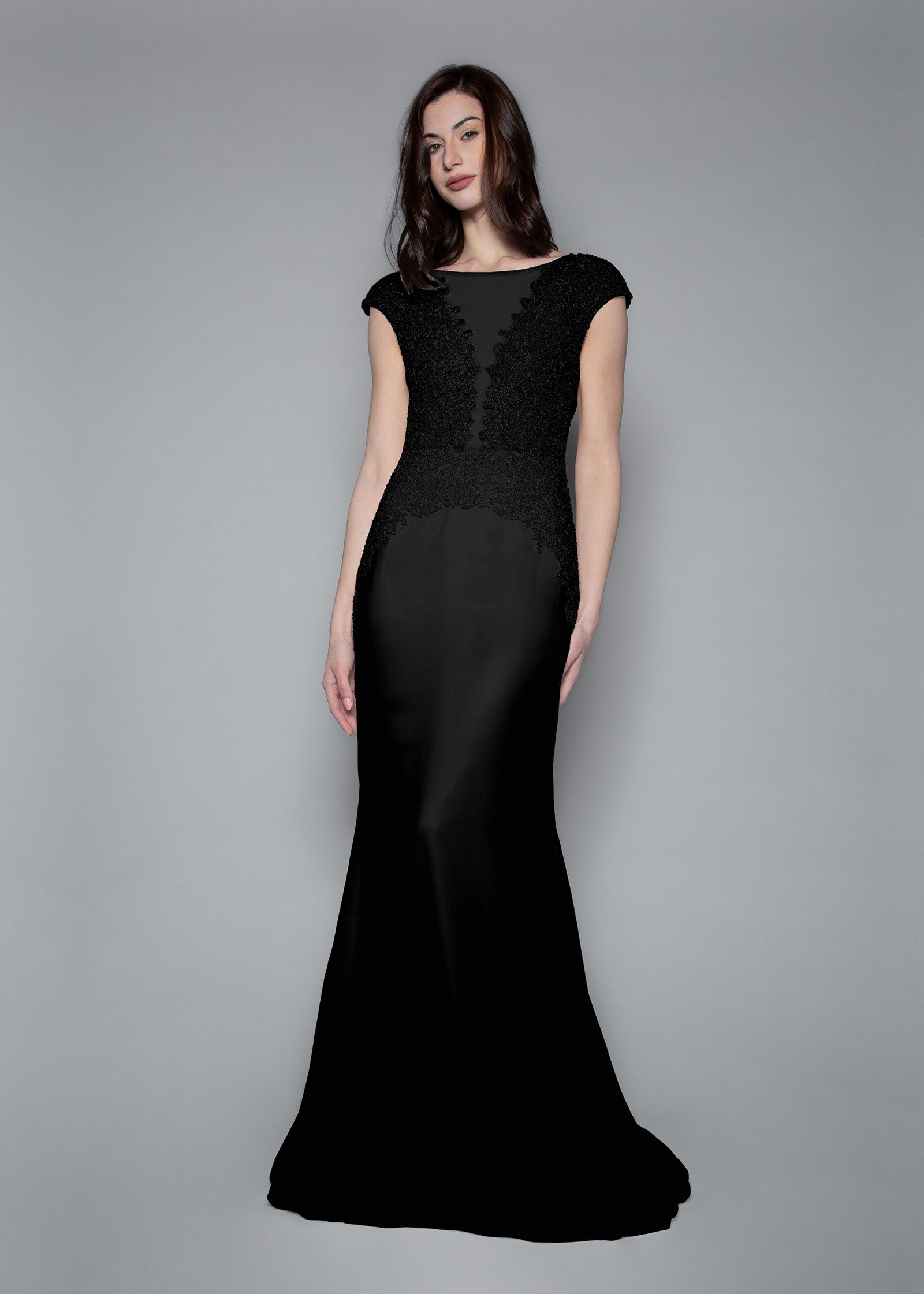 Cluster Beaded Trumpet Gown with Cap Sleeve | Black Evening Gown | Lotus Threads