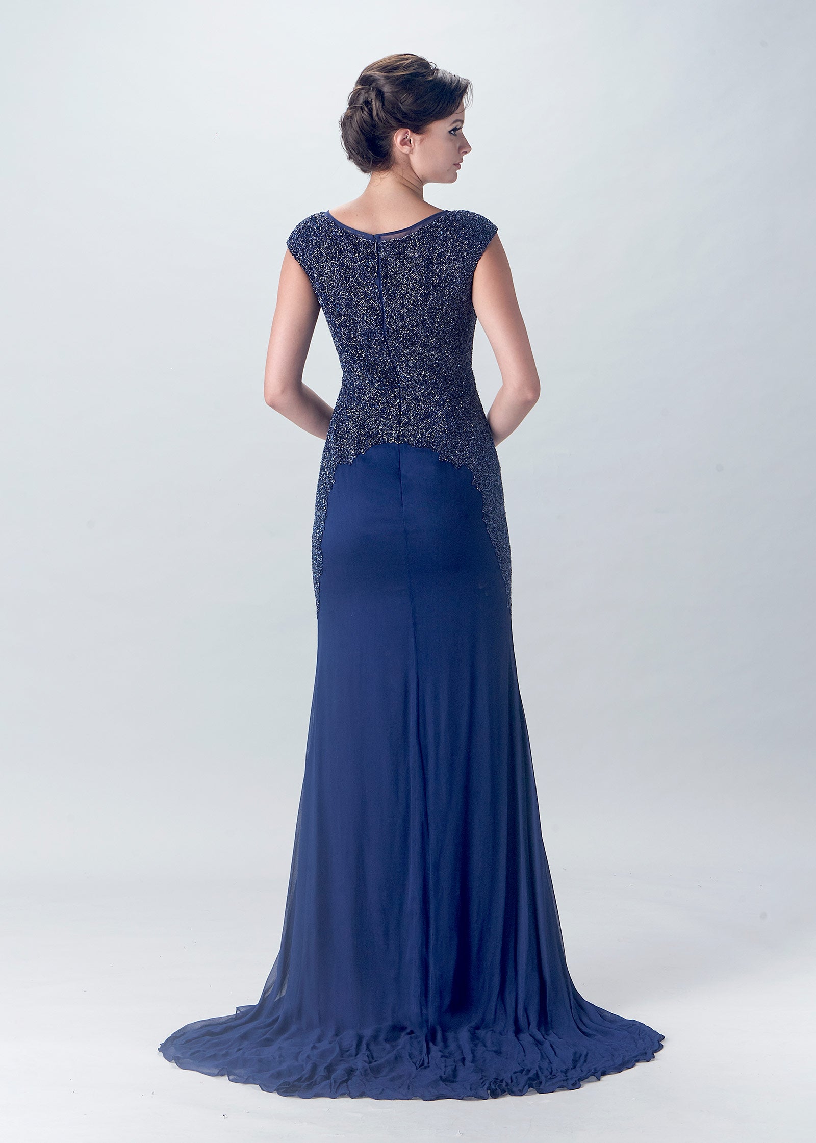 Cluster Beaded Trumpet Gown with Cap Sleeve | Navy Evening Gown | Lotus Threads