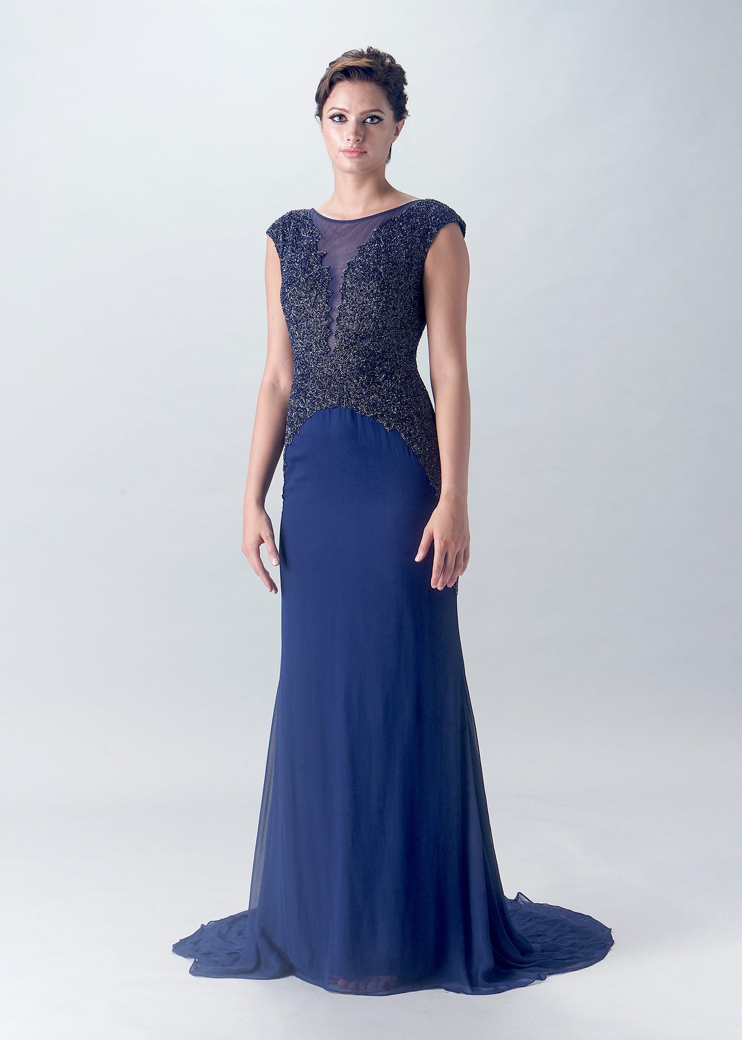 Cluster Beaded Trumpet Gown with Cap Sleeve | Navy Evening Gown | Lotus Threads