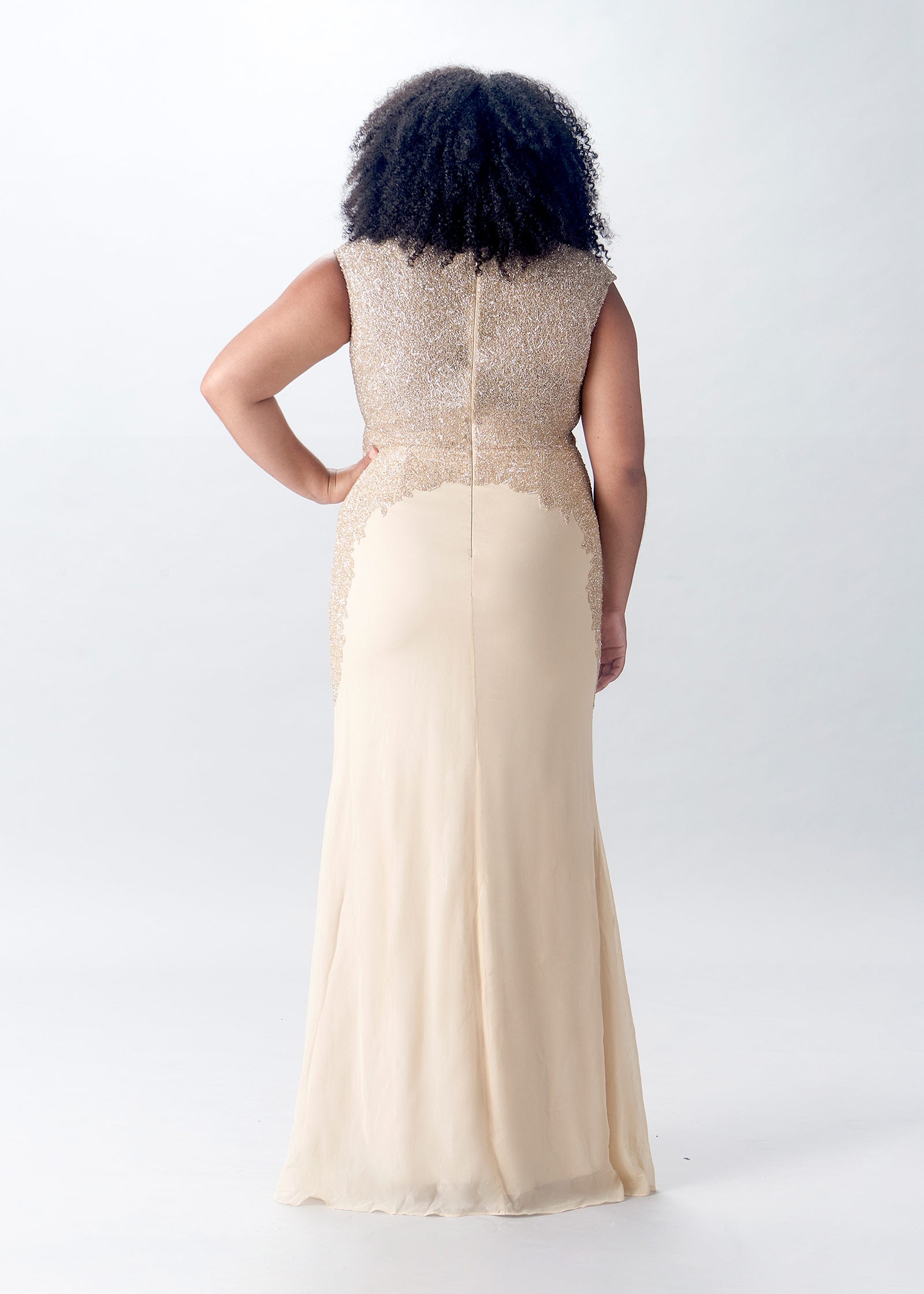 Cluster Beaded Trumpet Gown with Cap Sleeve | Champagne Evening Gown | Lotus Threads