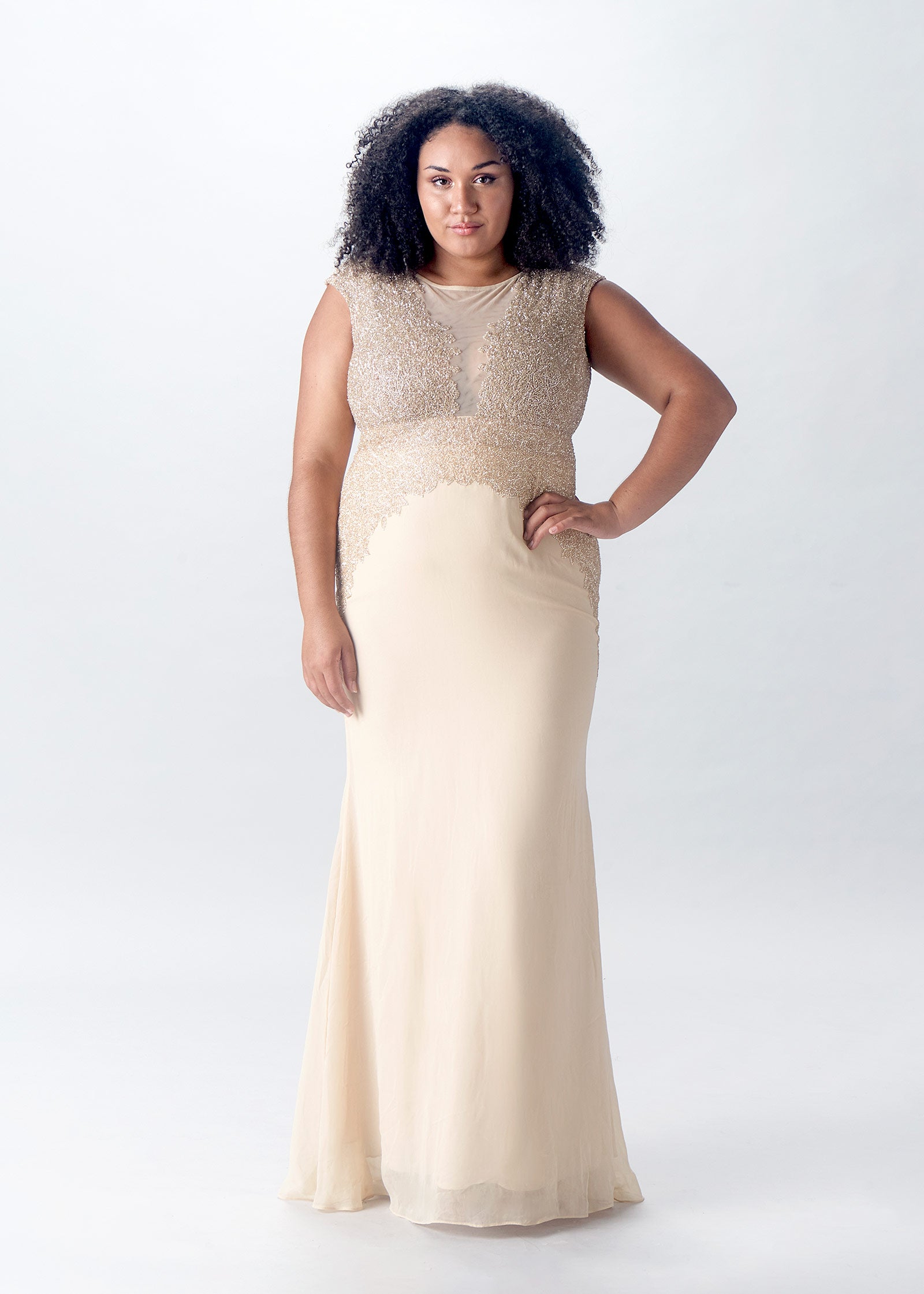 Cluster Beaded Trumpet Gown with Cap Sleeve | Champagne Evening Gown | Lotus Threads