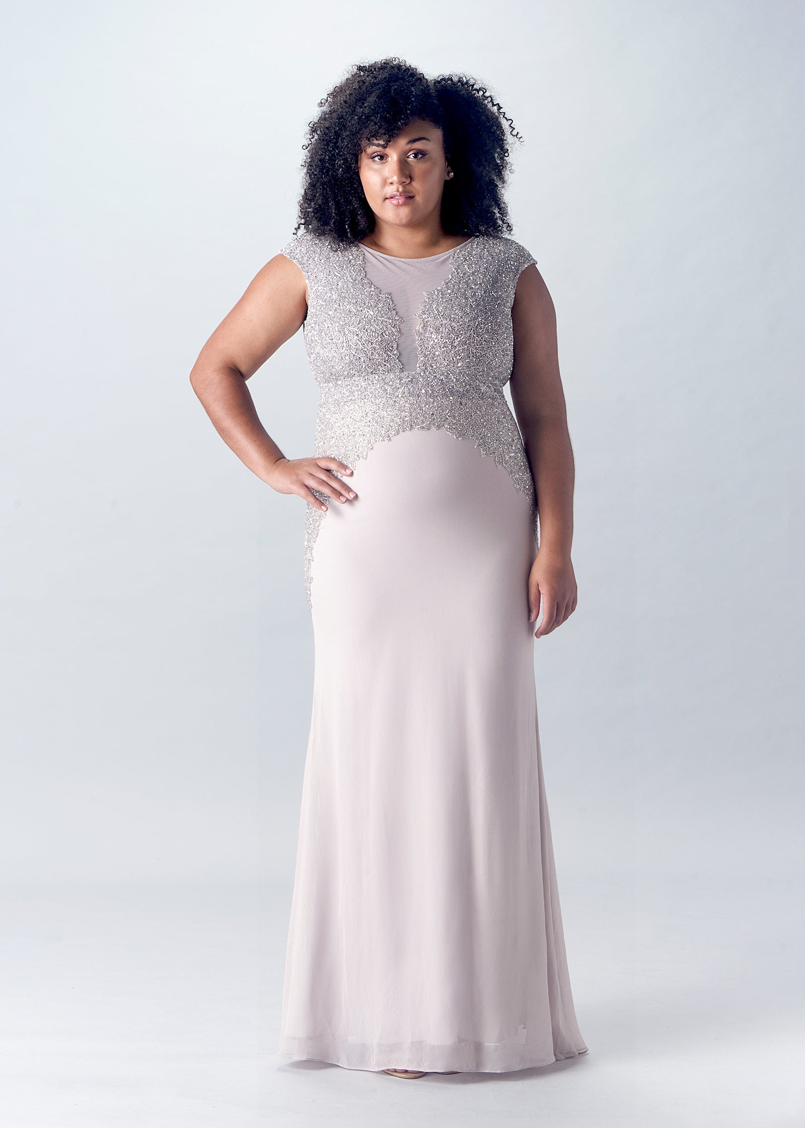 Cluster Beaded Trumpet Gown with Cap Sleeve | Silver Evening Gown | Lotus Threads