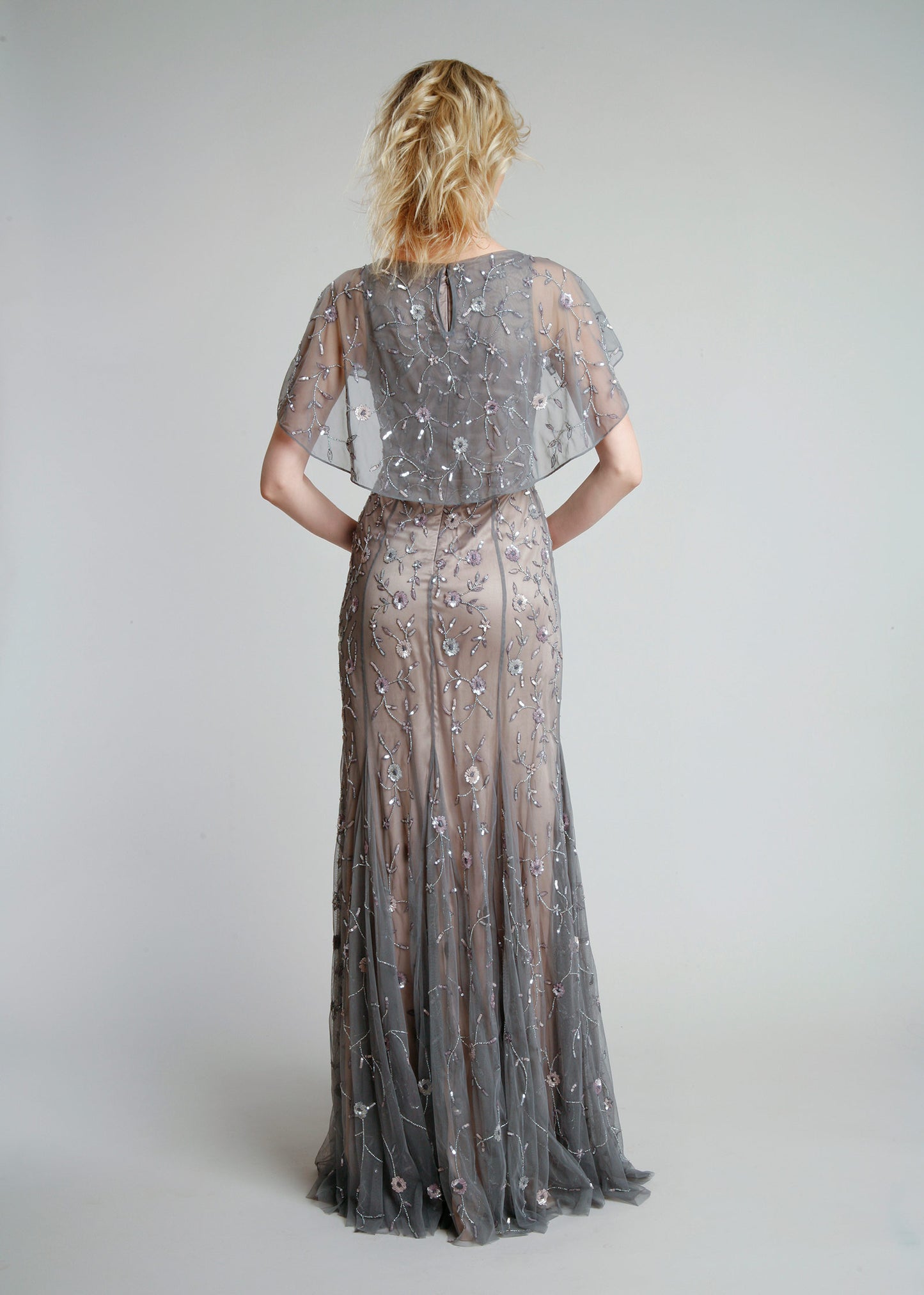 Floral Beaded V-Neck Gown with Capelet Sleeves | Gray Evening Gown | Lotus Threads