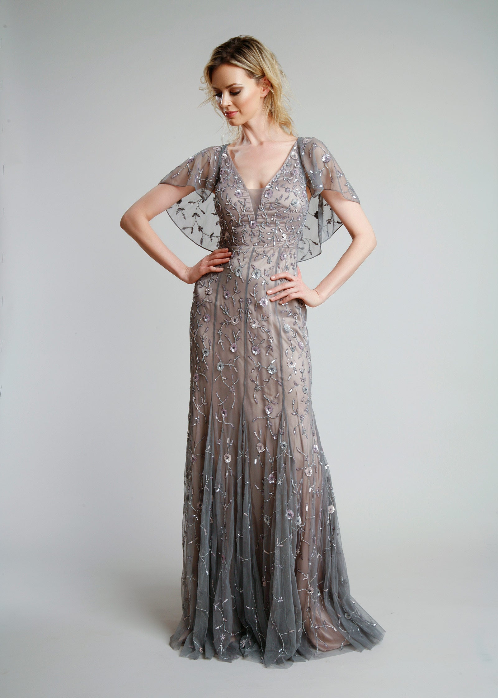 Floral Beaded V-Neck Gown with Capelet Sleeves | Gray Evening Gown | Lotus Threads