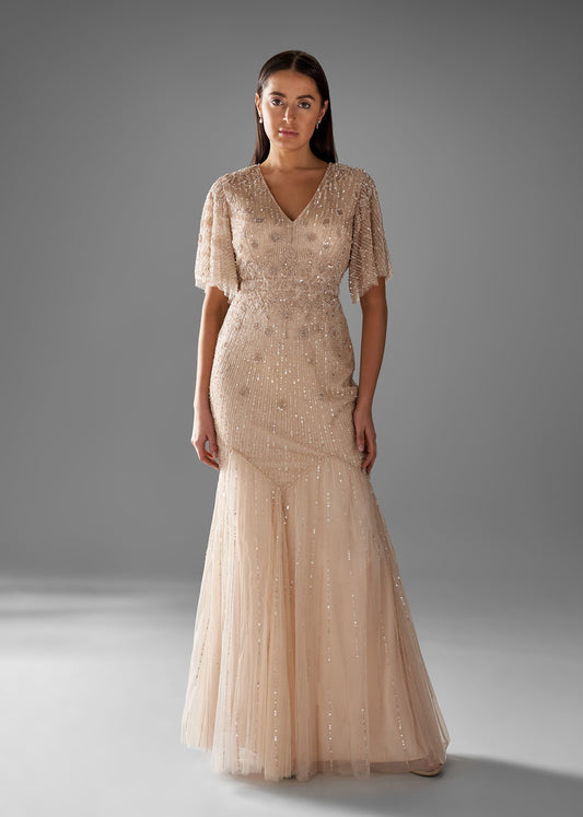 Beaded Fit-to-Flare Gown with Flutter Sleeves - Champagne Color | Evening Gown | Lotus Threads