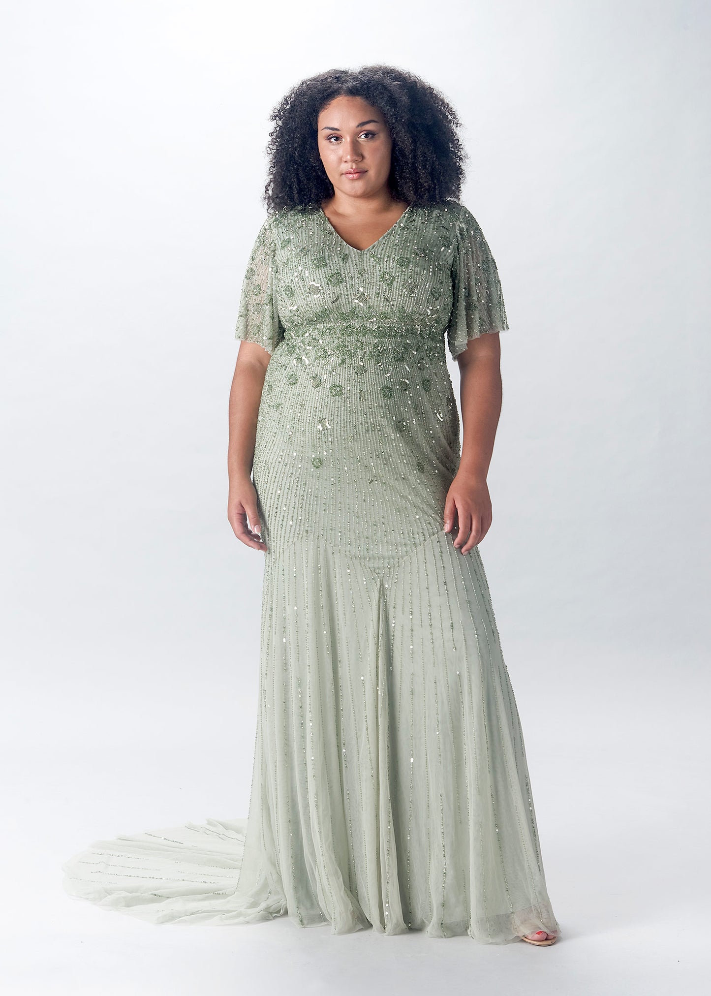 Beaded Fit-to-Flare Gown with Flutter Sleeves - Sage Color | Evening Gown | Lotus Threads