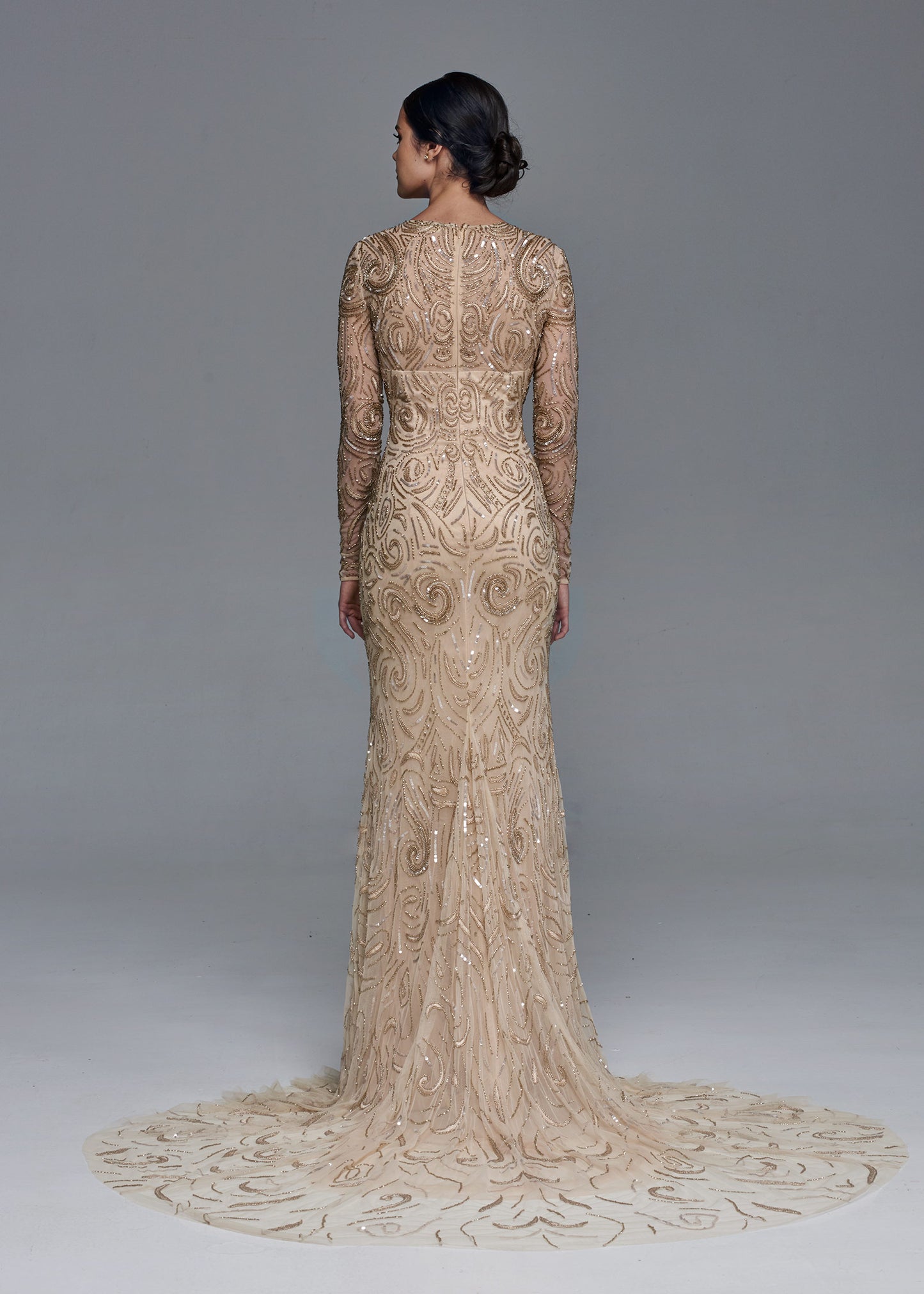 Swirl Beaded Trumpet Gown with Long Sleeves