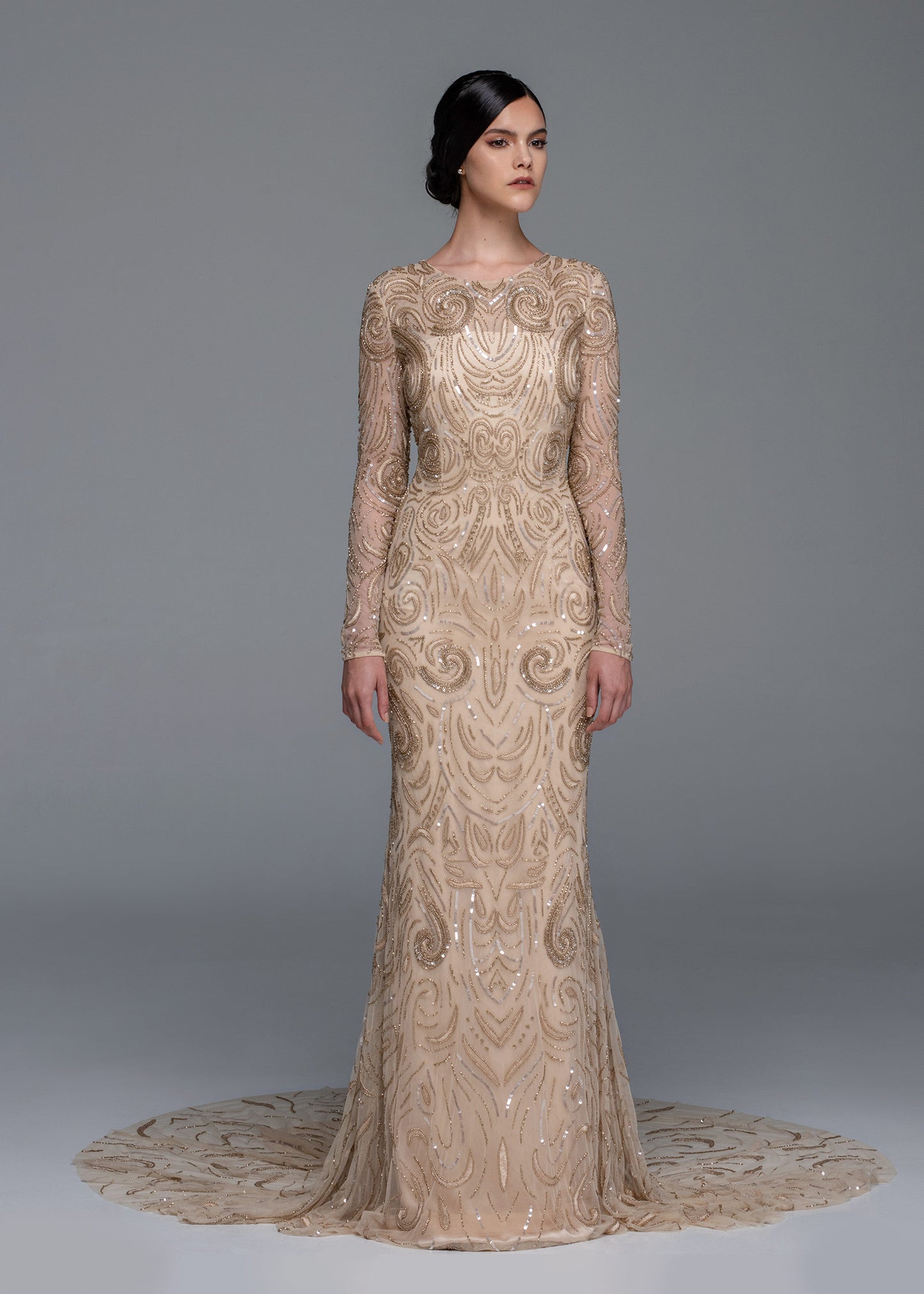 Swirl Beaded Trumpet Gown with Long Sleeves | Lotus Threads