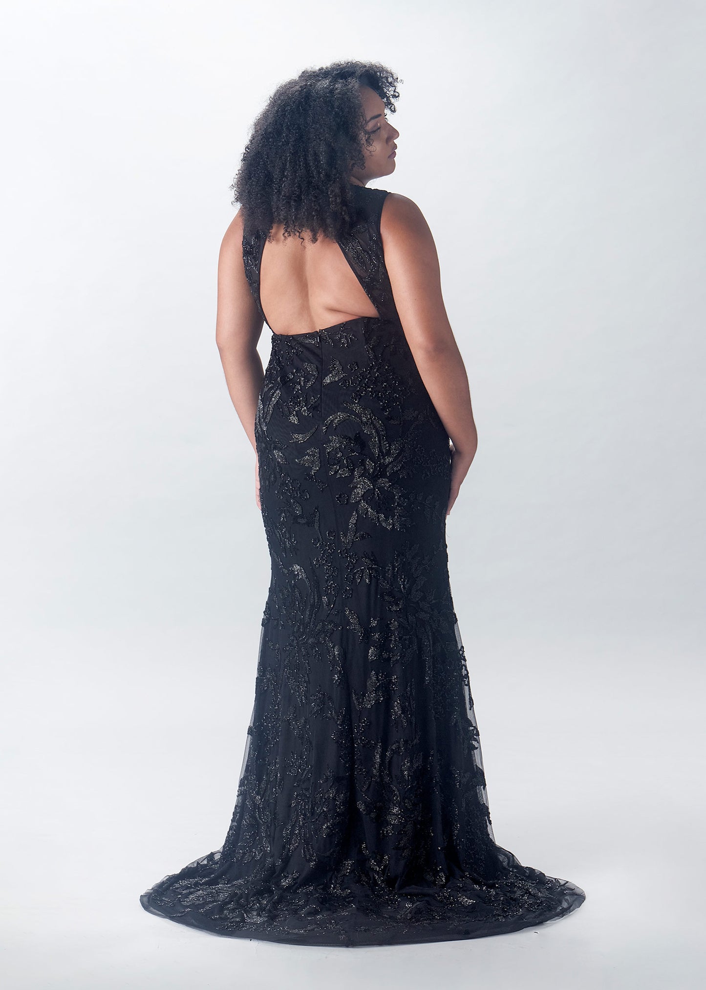 Trumpet Gown with Razor Neckline & Keyhole Back | Black Evening Gown | Lotus Threads