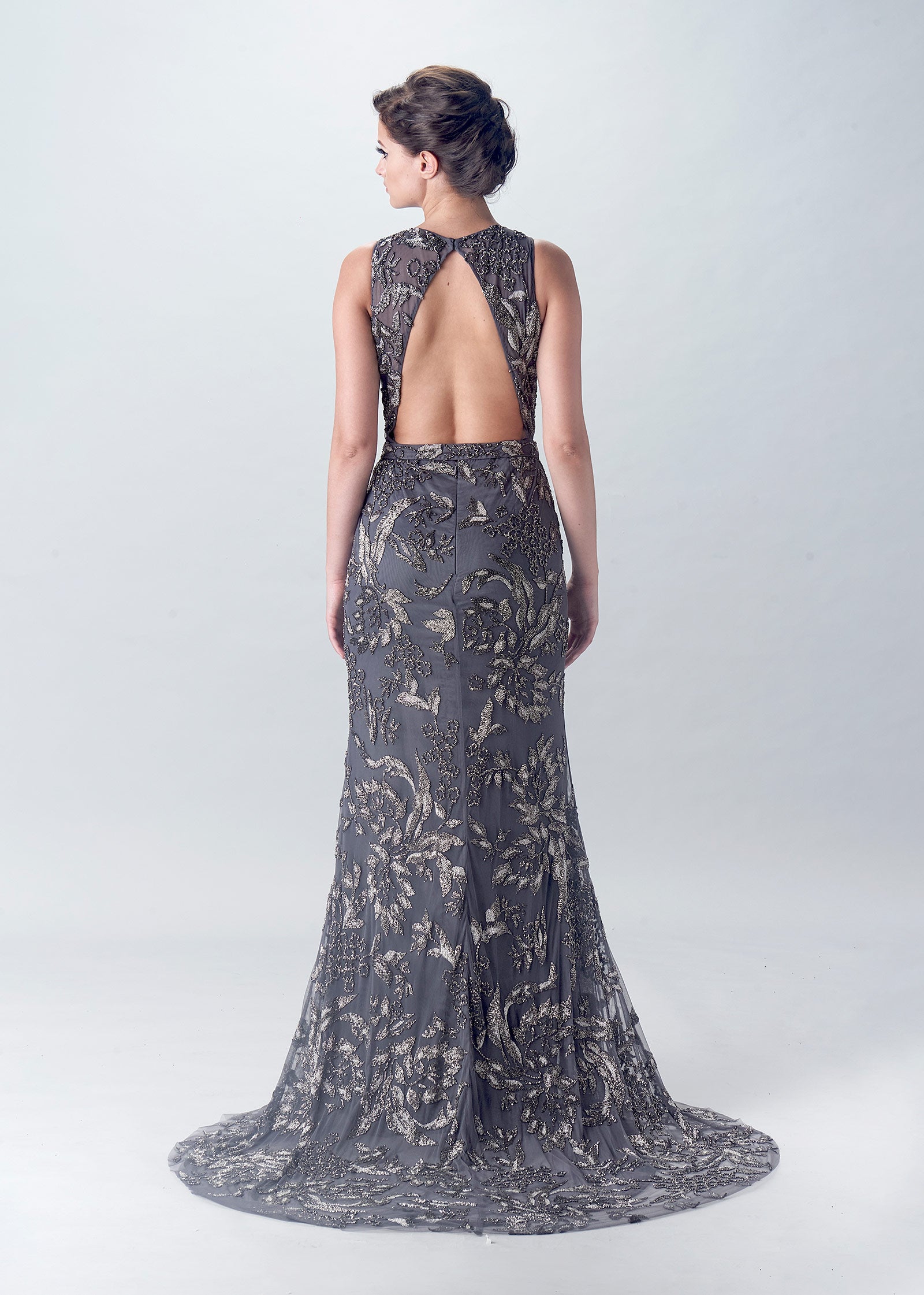 Trumpet Gown with Razor Neckline & Keyhole Back | Gray Evening Gown | Lotus Threads