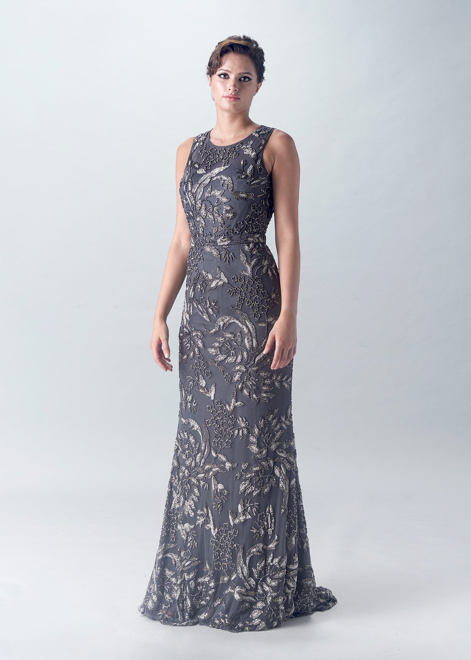 Trumpet Gown with Razor Neckline & Keyhole Back | Gray Evening Gown | Lotus Threads