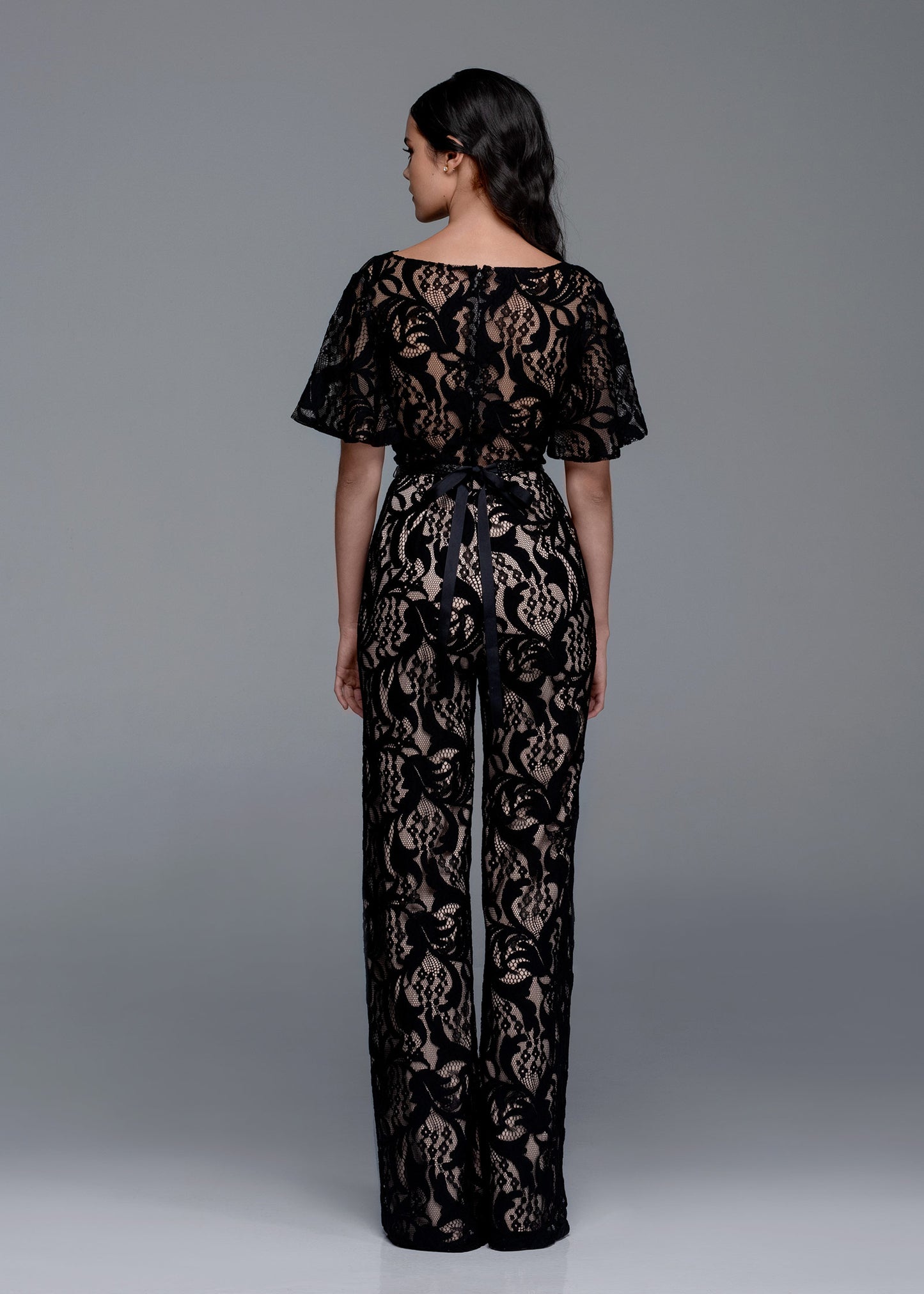 Lace Bell Sleeve Jumpsuit with Beaded Belt Detail