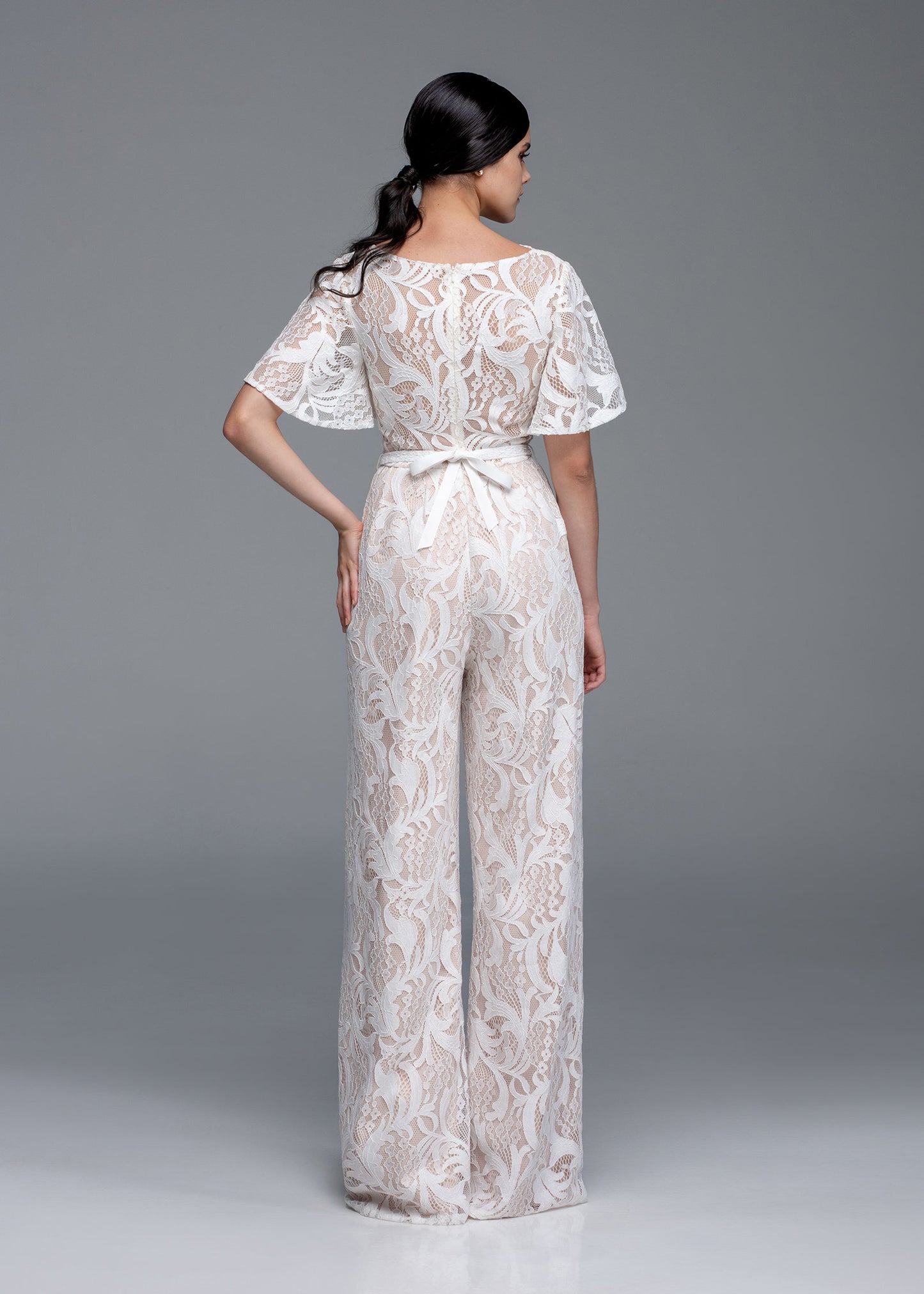 Lace Bell Sleeve Jumpsuit with Beaded Belt Detail