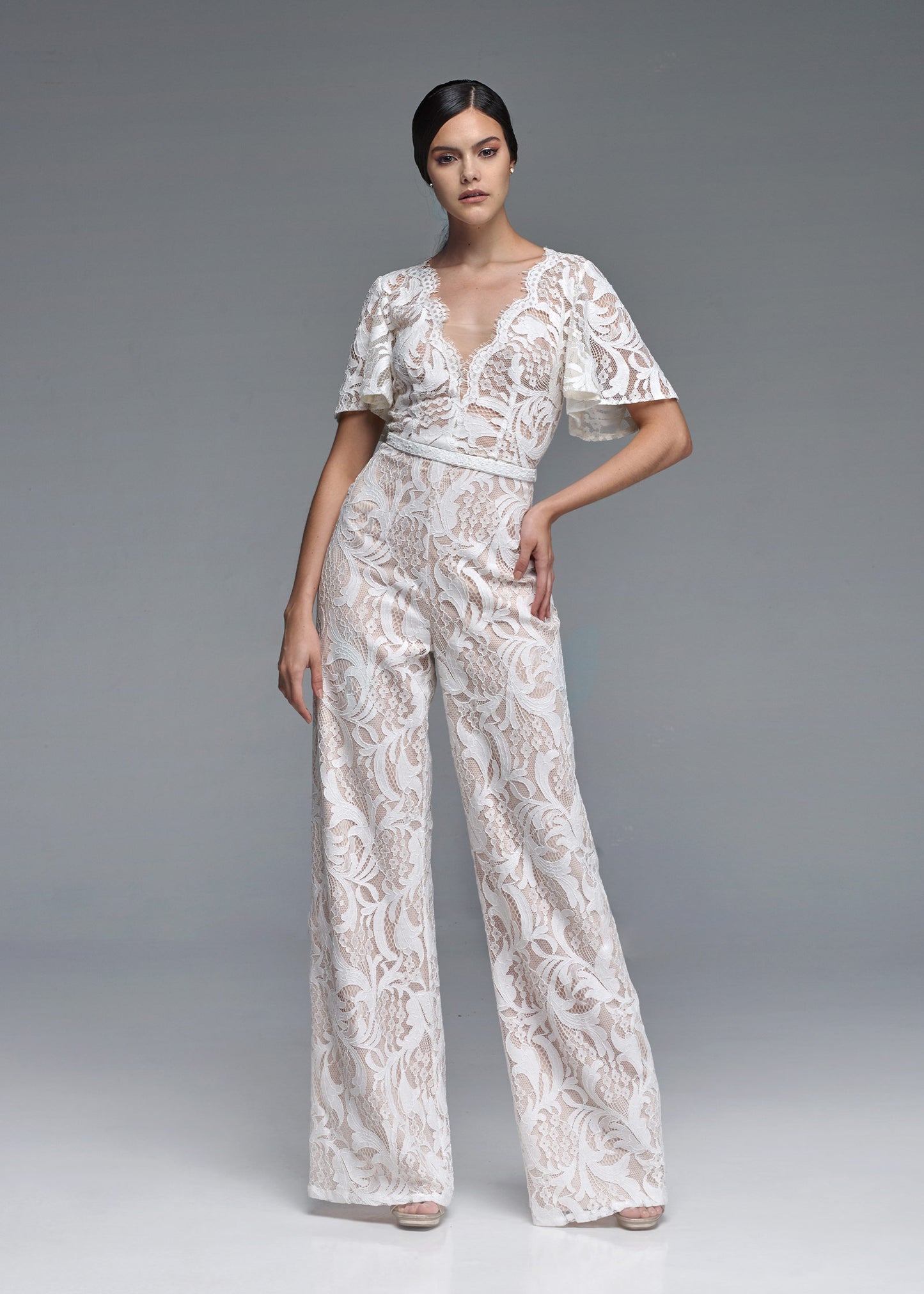 Lace Bell Sleeve Jumpsuit with Beaded Belt Detail