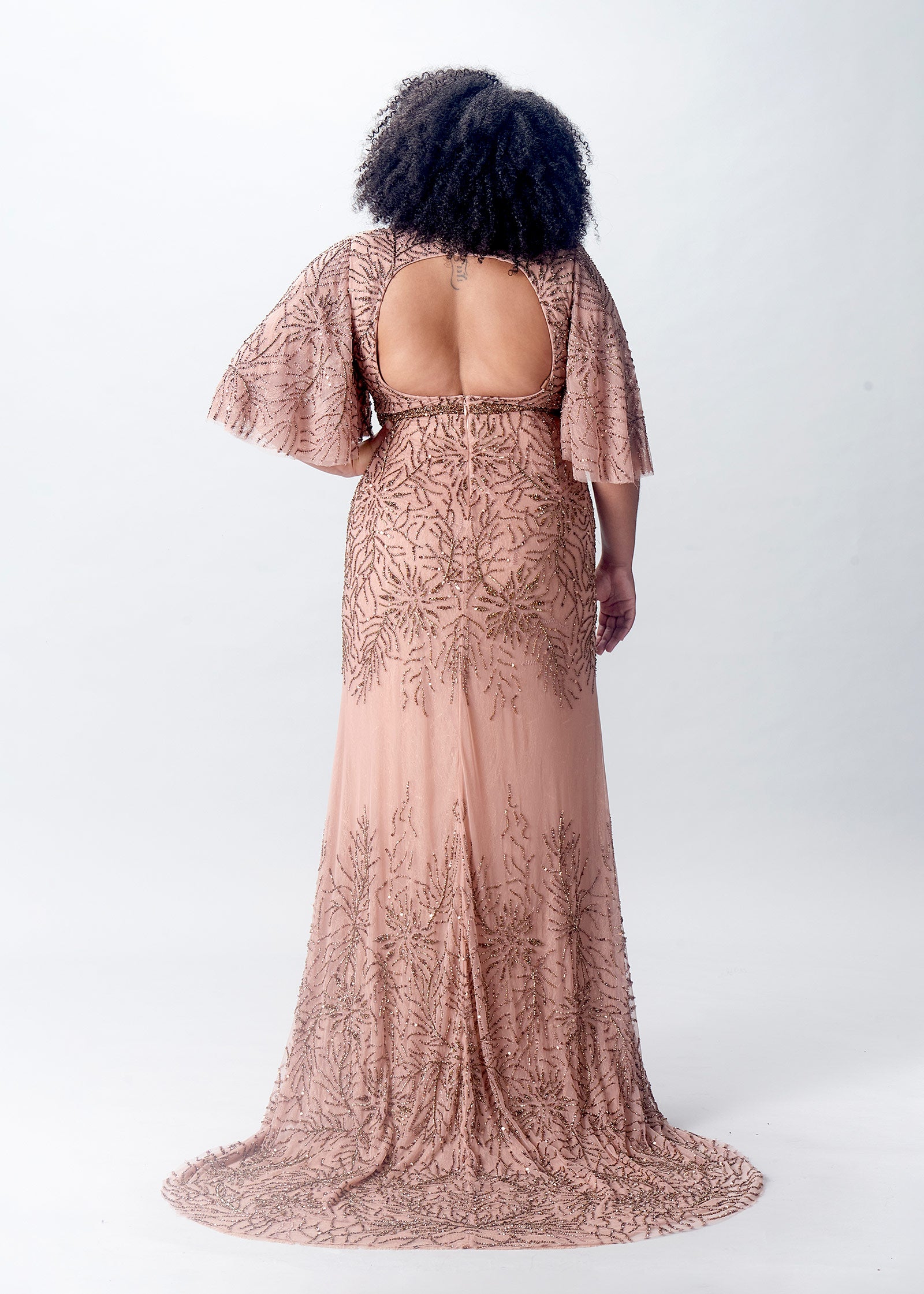 Beaded Trumpet Gown with Flutter Sleeves | Evening Gown | Lotus Threads